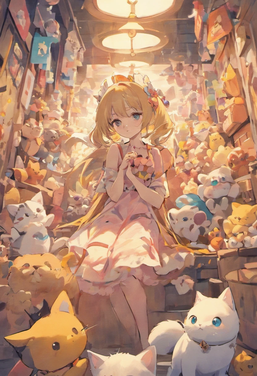Anime girl with a lot of stuffed animals and a cat, Meticulous and cute digital art, Hikoyoshi, Beautiful Art Style, digitial painting, beautiful digital art, Lovely detailed illustration, Digital anime illustration, 3D rendering official art, high detailed official artwor, official character illustration, stylized anime, kawaii hq render, Pokémon art style, cute illustration, detailed fanart