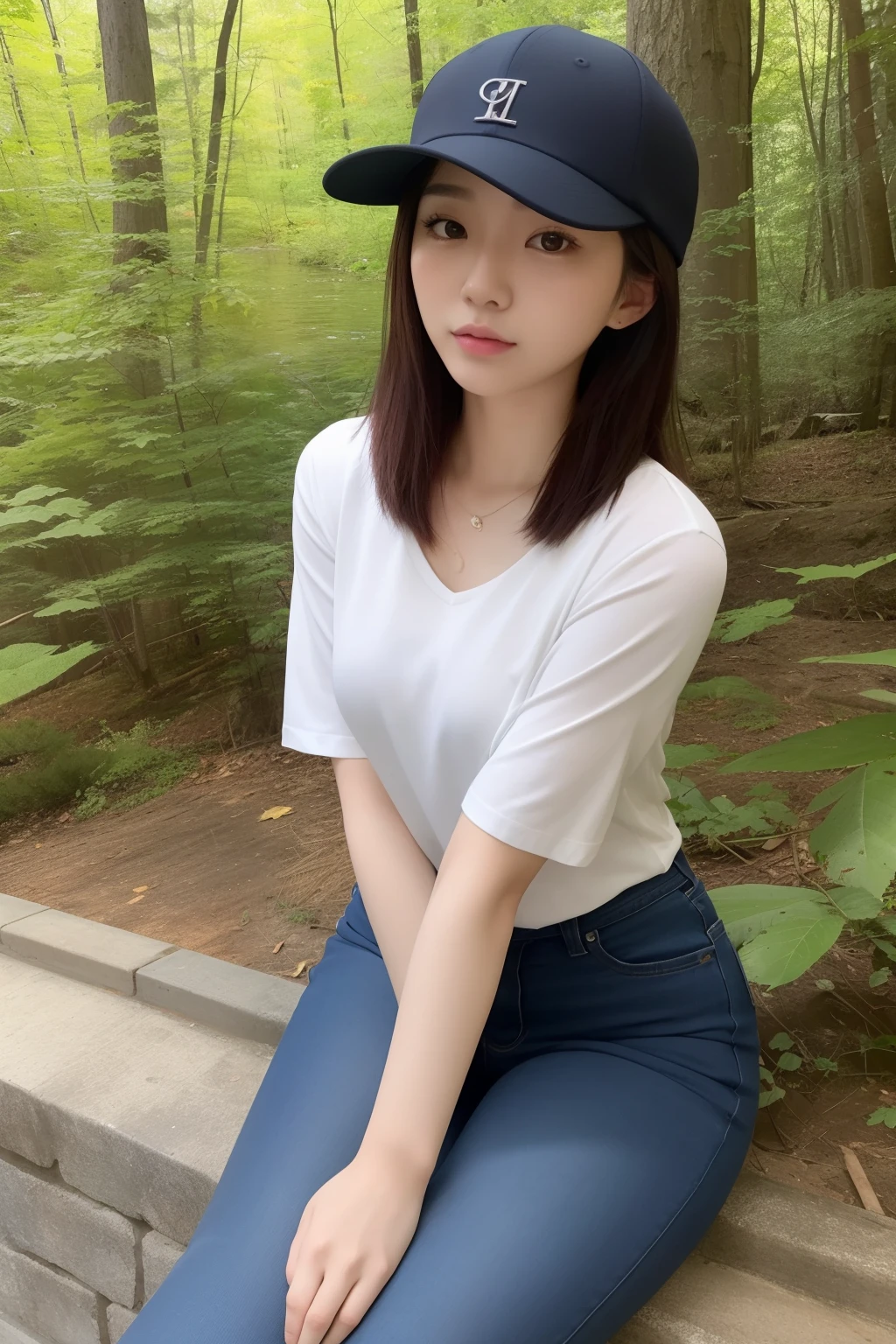 Asian woman sitting in the middle of the woods,Wearing a hat and blue skinny jeans, Open V chest clothes, Gorgeous young Korean woman, Beautiful Asian girl, Sexy girl, beautiful Korean women, young and cute girl, Korean girl, Good young girl, Beautiful young Korean woman, Asian girl, smooth white tight clothes suit, 2 4 old female model, Attractive girl