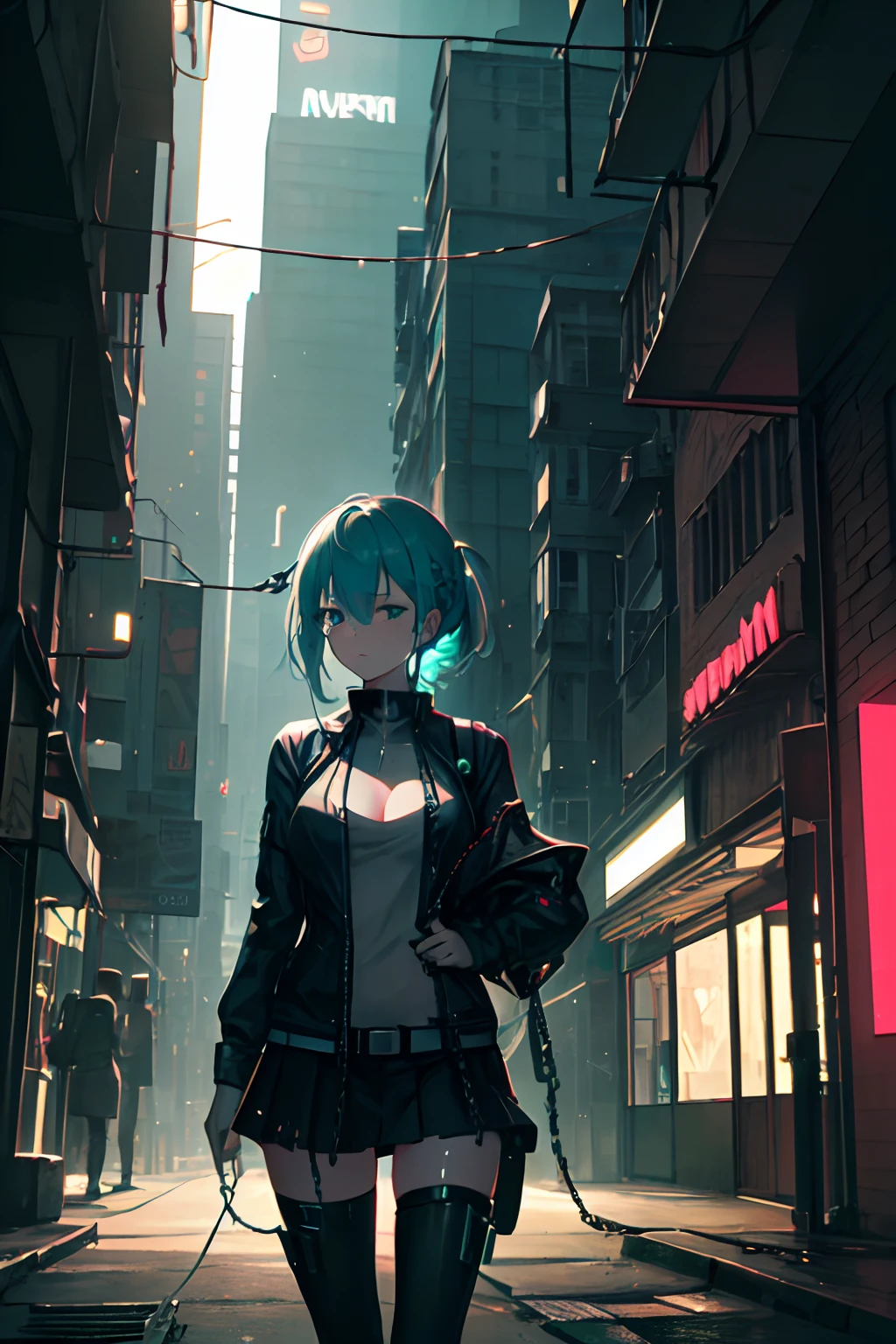 anime girl with carrier pack and uniform in the city, oppai cyberpunk, cyberpunk accesories, chains, ((neon wires on hair)) spikes banss, silver metal, mechanized soldier girl, City neon ligths on her, girl on spotligth, almost dark gigure with ligths hiting her body on eyes, breast, hips, very dark ambient, break domain visuals, intense contrast colors, cyan, green, blue palette, cold tones, looking away, very serious attitude, punk attitude, punk body language, ligth particles, polution, grim world, sadness, radioactive city, gloom ambient, damage tubular structures, rusty tech