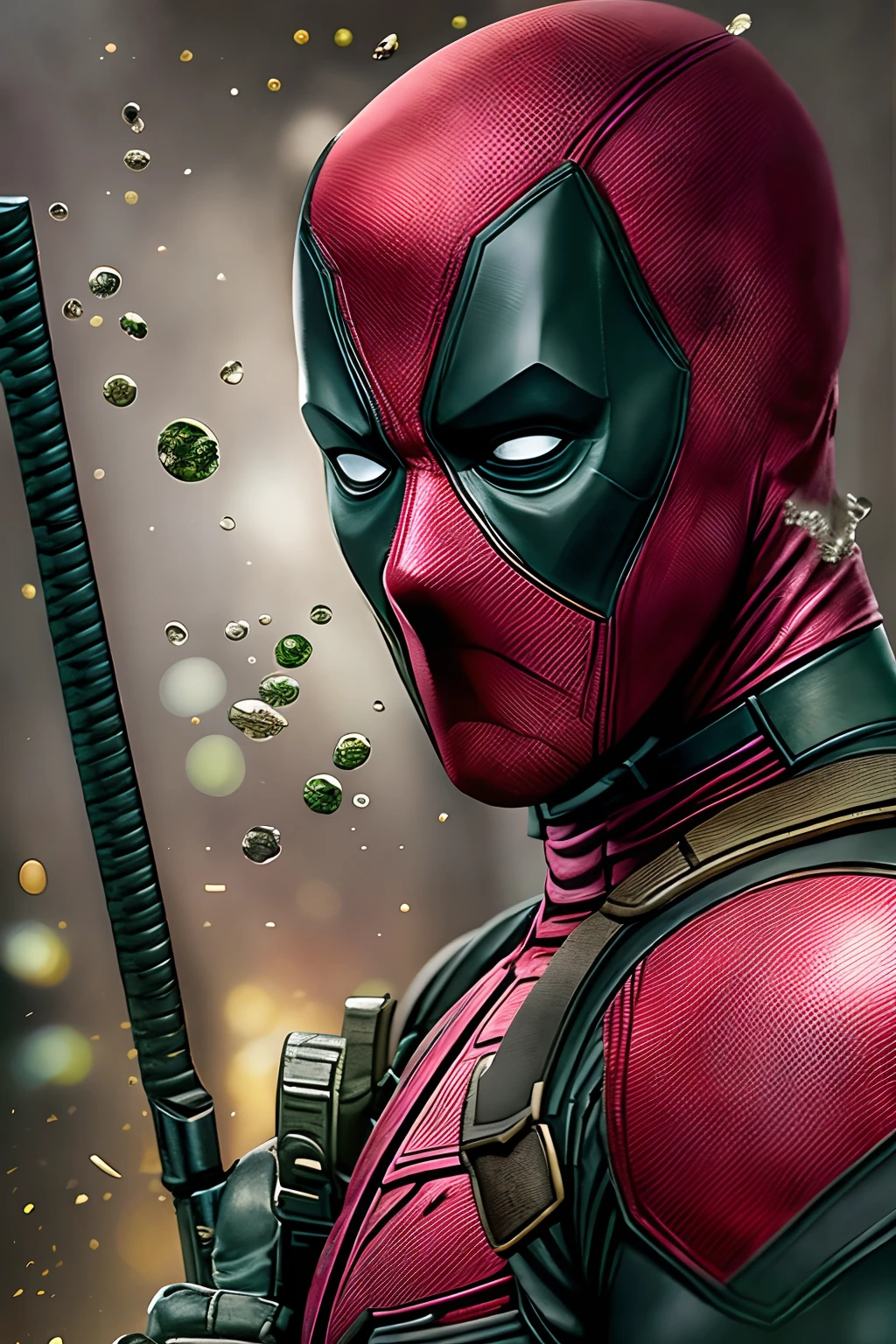 Marvel version of Deadpool characters,Portrait photo,(Wade Wilson:1.8),full-body portraits,Fighting posture,Vicious look,com rosto detalhado,Slightly vicissitudes,an award winning photograph,Bokeh,ultra-realistic realism,电影灯光,shadowing,high detal,high high quality,Award-Awarded,