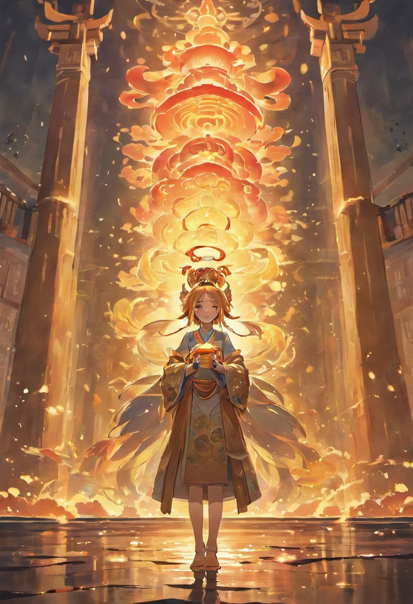 Floating lights, cinematic light and reflections, Glowing lights, Intermediate metaverse elements,Digital painting, glowing reflections, Pondering, Floating lanterns, calm evening, Digital illustration, beautiful ambiance, Sky lights at night, serene evening atmosphere, Floating lanterns, (Kongming Lantern), the night, themoon, game scenes, Ancient Chinese palaces are located above the clouds, surrounded by cloud, Homem-Imponente, glazed tiles, BUDDHA STATUE, gorgeous color, In the foreground are three arches((Color ink)), ( (Splash ink ) ), ((Splash ink) ink})), tmasterpiece, high qulity, Beautiful graphics, high detal