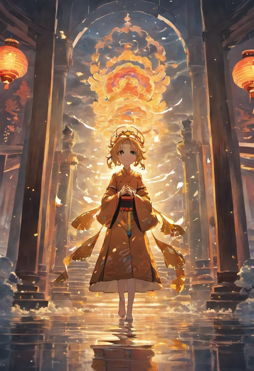 Floating lights, cinematic light and reflections, Glowing lights, Intermediate metaverse elements,Digital painting, glowing reflections, Pondering, Floating lanterns, calm evening, Digital illustration, beautiful ambiance, Sky lights at night, serene evening atmosphere, Floating lanterns, (Kongming Lantern), the night, themoon, game scenes, Ancient Chinese palaces are located above the clouds, surrounded by cloud, Homem-Imponente, glazed tiles, BUDDHA STATUE, gorgeous color, In the foreground are three arches((Color ink)), ( (Splash ink ) ), ((Splash ink) ink})), tmasterpiece, high qulity, Beautiful graphics, high detal