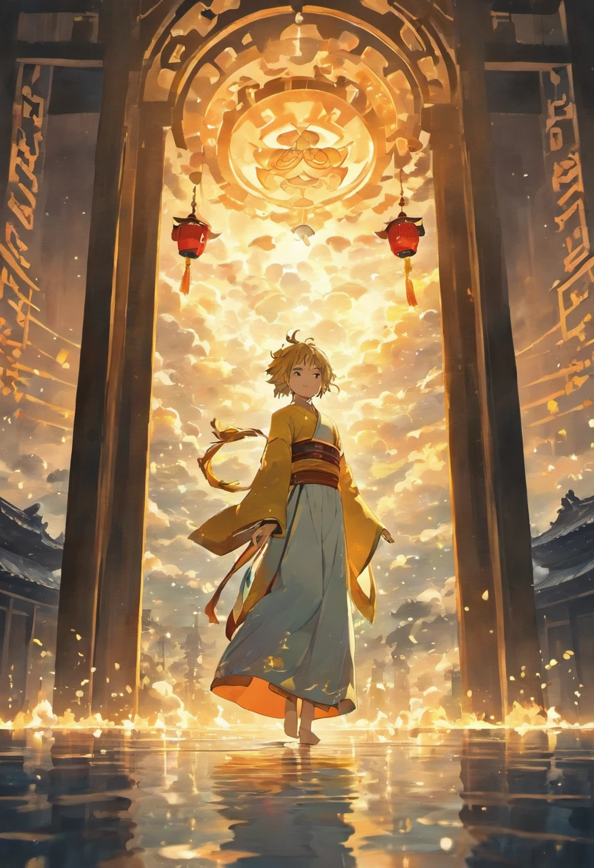 Floating lights, cinematic light and reflections, Glowing lights, Intermediate metaverse elements,Digital painting, glowing reflections, Pondering, Floating lanterns, calm evening, Digital illustration, beautiful ambiance, Sky lights at night, serene evening atmosphere, Floating lanterns, (Kongming Lantern), the night, themoon, game scenes, Ancient Chinese palaces are located above the clouds, surrounded by cloud, Homem-Imponente, glazed tiles, BUDDHA STATUE, gorgeous color, In the foreground are three arches((Color ink)), ( (Splash ink ) ), ((Splash ink) ink})), tmasterpiece, high qulity, Beautiful graphics, high detal
