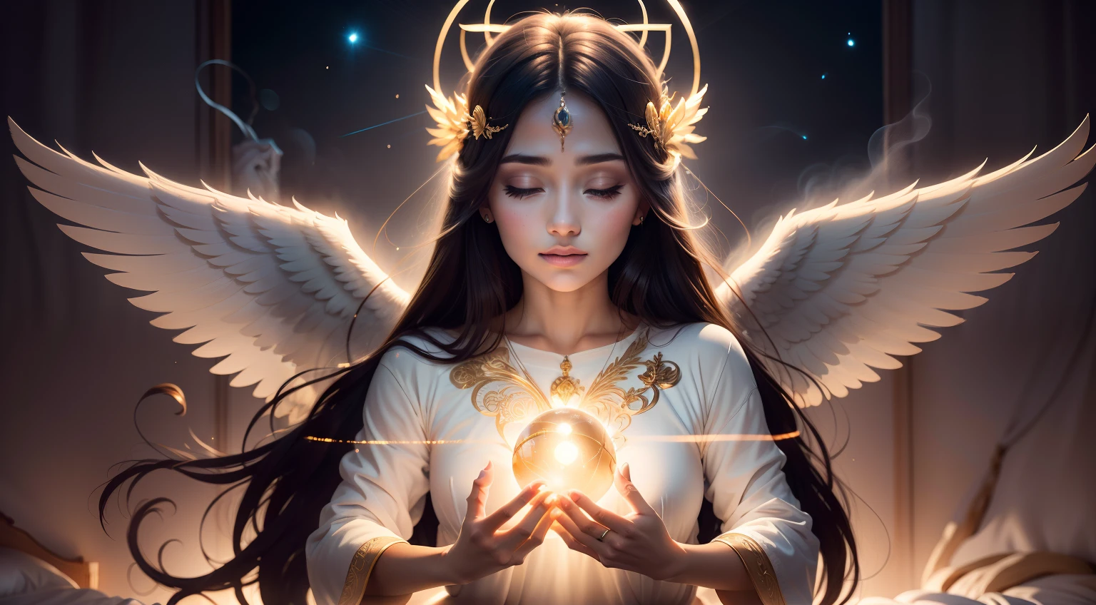 a woman with long hair holding a glowing ball in her hands, angelic light, glowing angelic being, ethereal angelic being of light, angelic halo, an angel of the dawn light, of an beautiful angel girl, of beautiful angel, portrait of a beautiful angel, neoartcore and charlie bowater, goddess of light, angelic, angelic purity, angelical, beautiful angel, angelic presence, hope-filled expressions, prayer, belief, profound impact, divine grace, inspiring, radiant blessings, sacred moment, spiritual awakening, harmonious community, divine intervention, life-changing experience, comforting presence, spiritual guidance, divine love, celestial atmosphere.