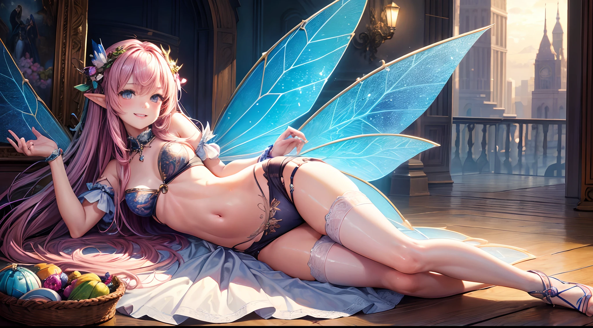 ( Absurd, High quality, ultra-detailed, masterpiece, concept art, smooth, highly detailed artwork, hyper-realistic painting ) , , cute, whole body, Romantic, Vivid, dreamy, fantasy, fairy wings, fairy city, enchanting glow, very detailed art, reveal clothes, sexy lace underwear, transrarrent clothnes, perky niples, pregnat, playful, mischievous, smile, city fairy, stylish sexy fairy