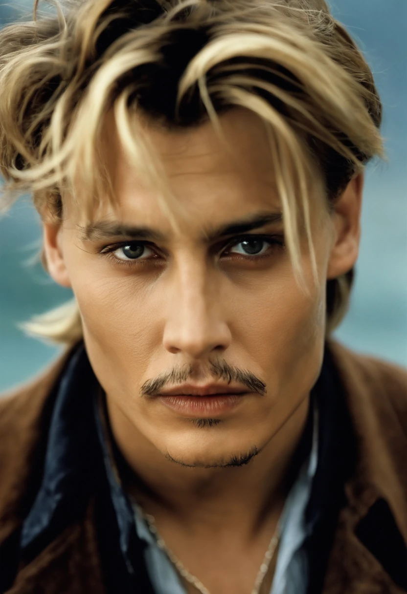 Johnny Depp, blonde hair, mole under eye, annoyed, close-up, UHD, best quality, high details, high quality,no dark circles,20yr old,年轻,very young