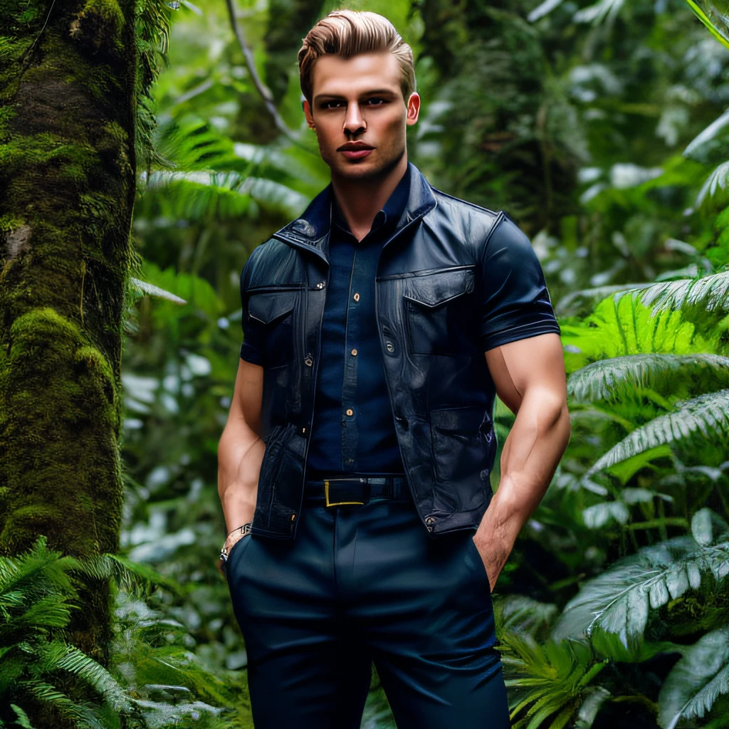 8K resolution, 25 year old model, German European male, blue eyes, blonde hair. forest background, not a portrait. HD 4K face detail handsome robust man with short blonde hair and piercing blue eyes. he was tall and muscular, with broad shoulders and a strong, athletic build. He had an easygoing confidence about him and a calm, assured demeanor that made him look like he could handle any situation. Your wet clothes, wet hair. Standing in a jungle of giant trees and lots of vegetation. hyperdetailed. photorealistic. high quality.8k