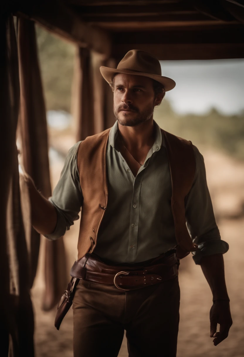 Homem, caracteristicas nordestina, roupas de cangaceiro, chapeu de cangaceiro,