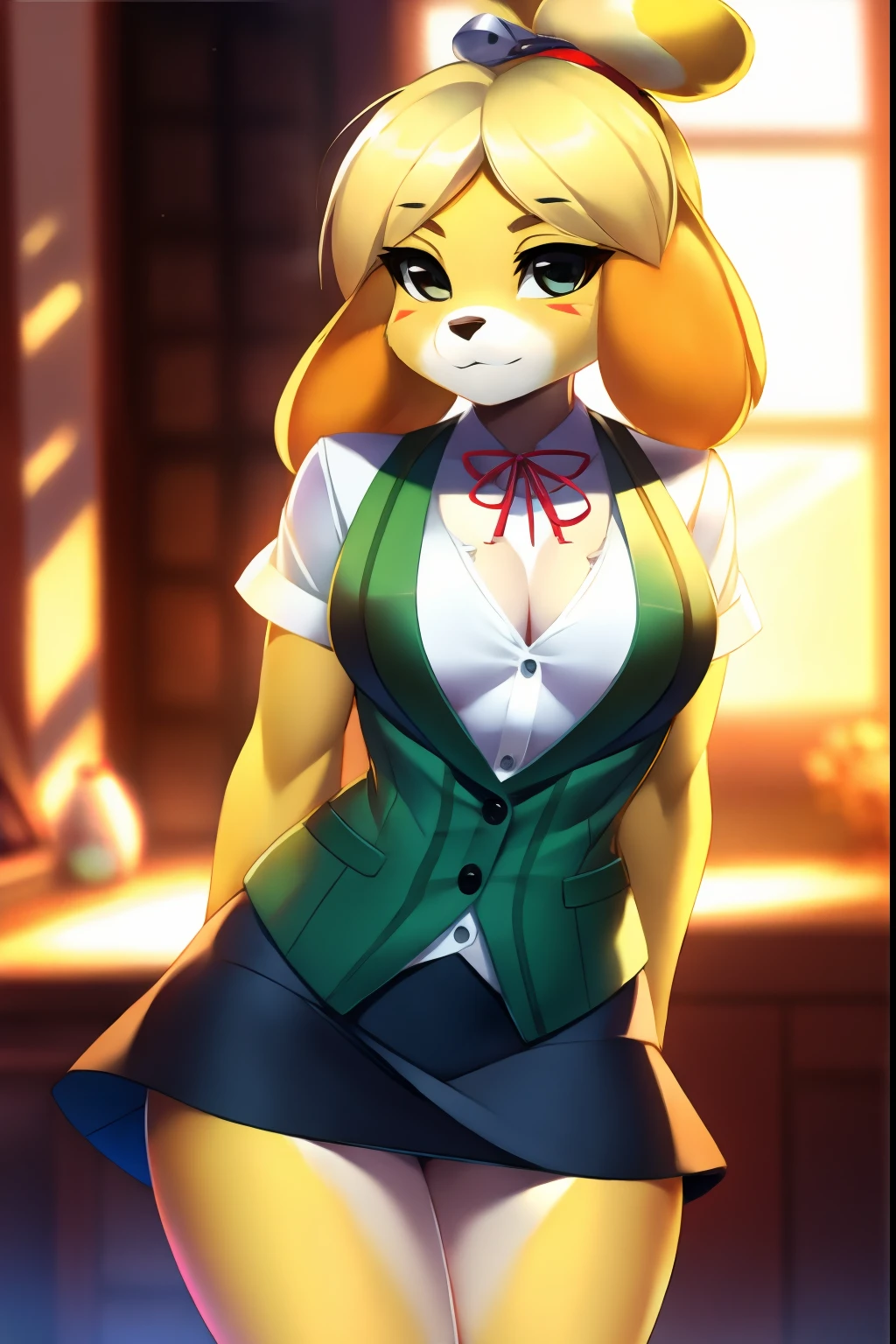 isabelle \(animal crossing\), furry, yellow skin, plaid vest, blue skirt, white undershirt, tail, looking at viewer, smiling, sitting, on chair, holding glass of whiskey, inside office, desk, window, natural lighting, high quality, masterpiece, <lora:Isabelle_v1_R64:.8>