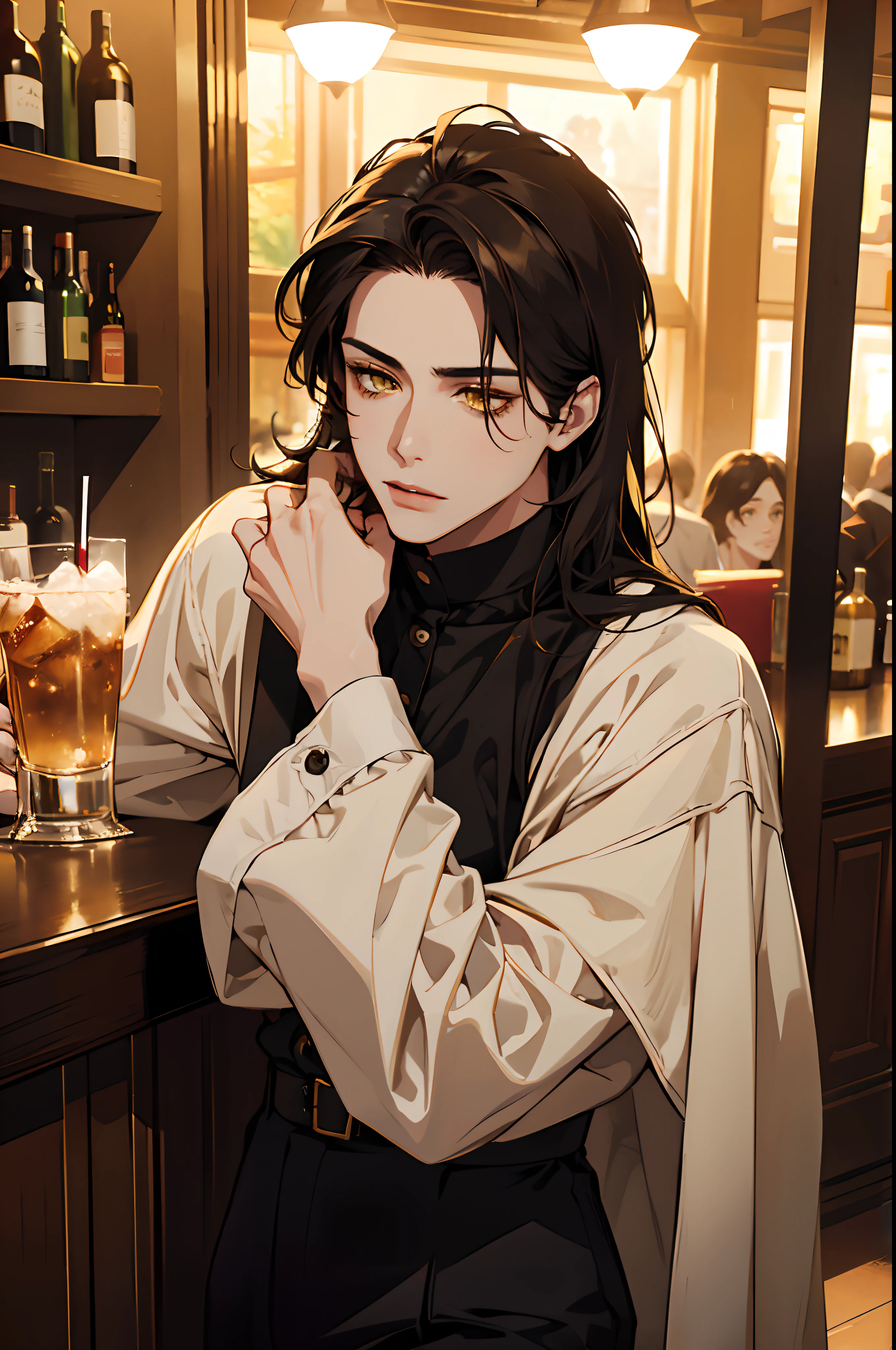 A clear and sharp focus, in a realistic portrait style with warm colors and soft lighting. (best quality, masterpiece: 1.2), 1 man, teenager, sexy, with black hair, yellow eyes, red lips with pale skin tone and dark circles having a drink in a bar, with serious expression, dressed in autumn clothes, Detailed face and sharp focus, portrait style, realistic, photorealistic: 1.37, warm colors, soft lighting.