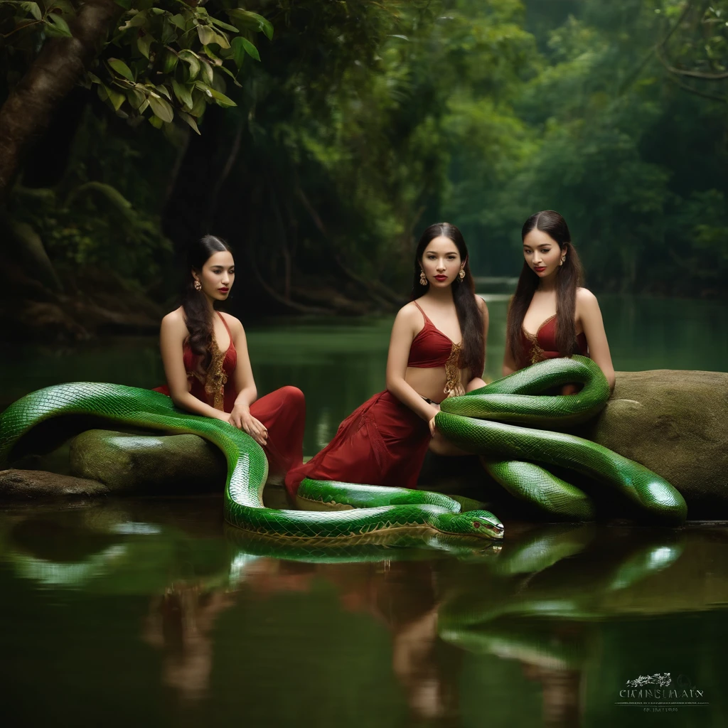 A Lenda da Cobra Branca, Twin sisters with the green snake, the upper body is a human being, The lower part of the body is a snake, The two are entangled in the stream, O som da floresta de bambu, A cachoeira ao longe, estilo antigo, Chinese style, cinematic sense, realismo, ..3d