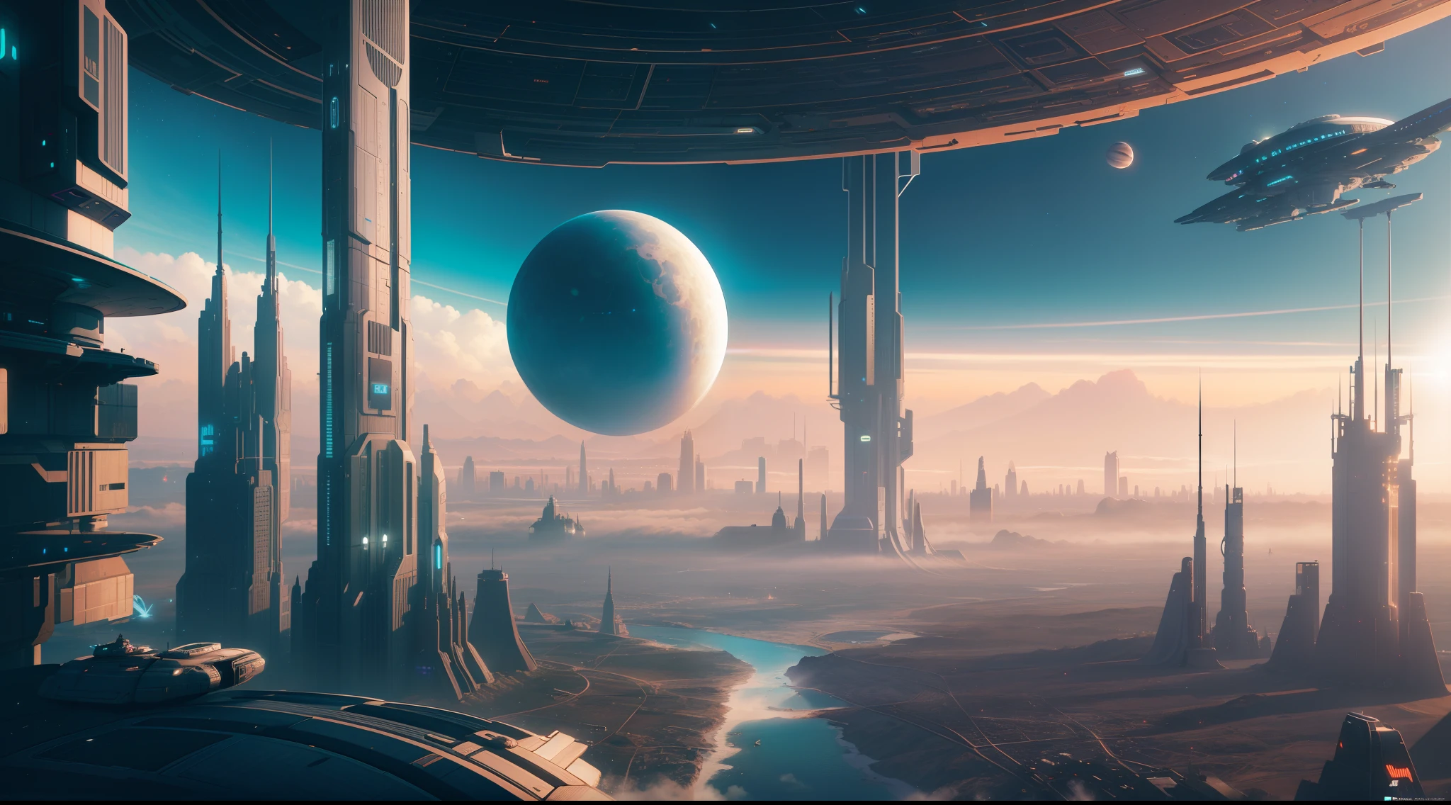spaceship flying over a futuristic city with a large planet in the background, sci-fi fantasy wallpaper, epic beautiful space scifi, arstation and beeple highly, sci-fi digital art illustration, by Mike "Beeple" Winkelmann, greg beeple, sci fi digital painting, sci-fi digital painting, fantasy space, sci fi artwork
