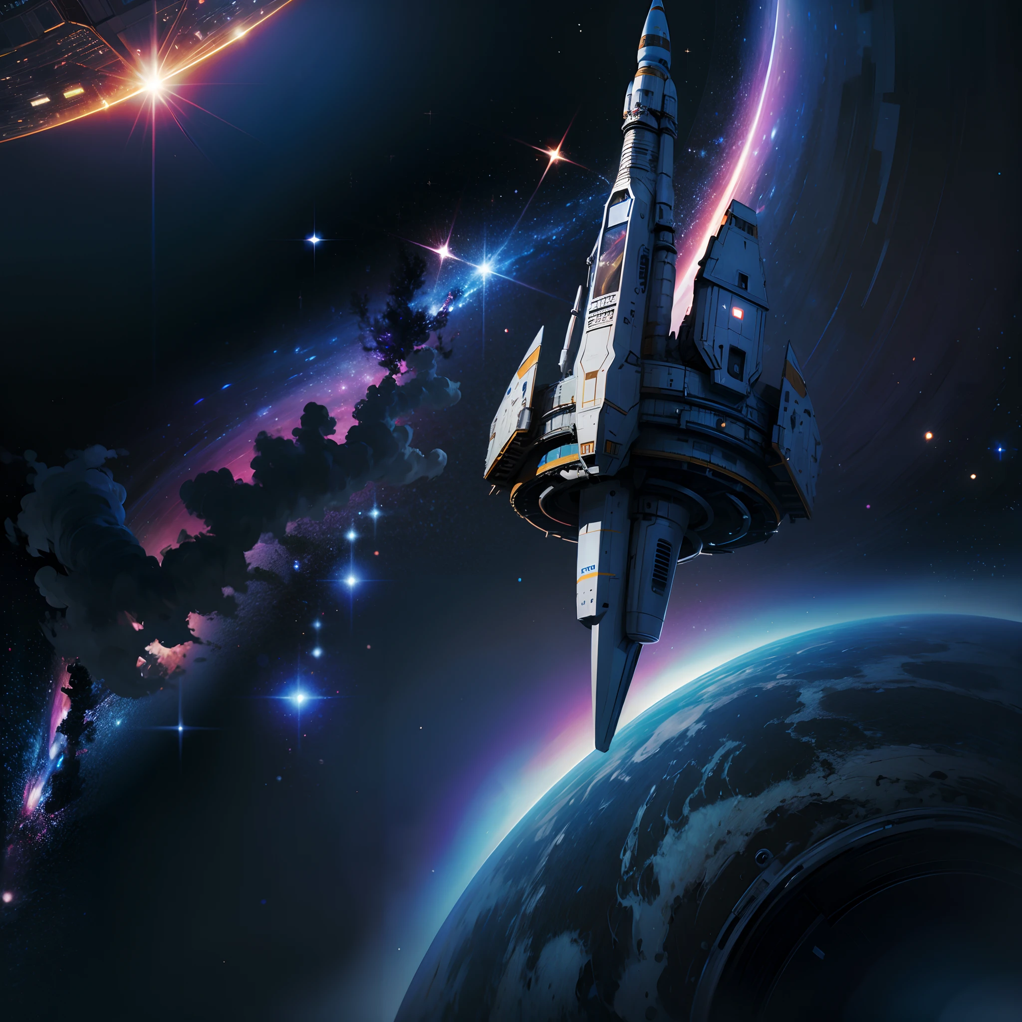 ((tmasterpiece)),((Highest quality)),Magnificent space image scene,A spaceship shuttles through the galaxy