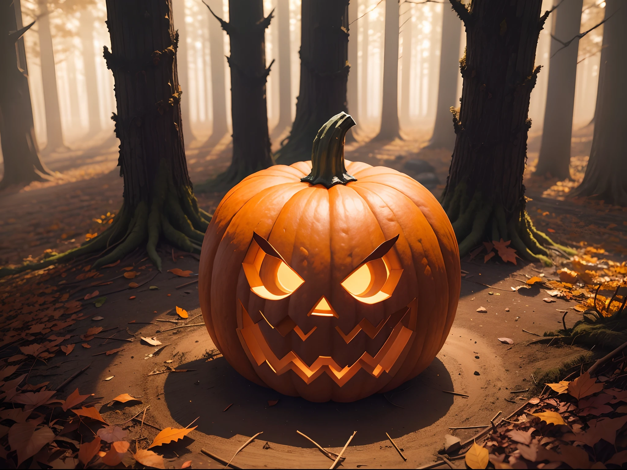 --AR 3:2 --q 2 --v 5.1 hyper realistic Halloween pumpkin in the middle of the spooky forest in 2 shades