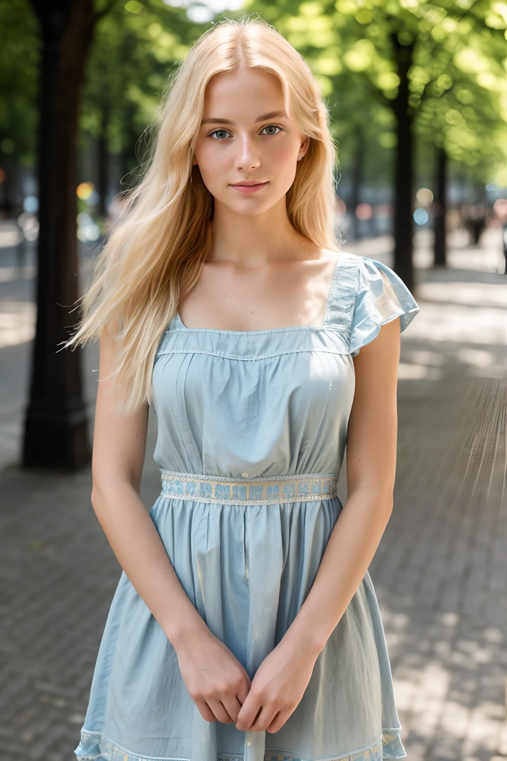 iphone 14 pro selfie,full body shot blonde swedish body photo of beautiful 22 y.o woman, wearing light blue summer dress , 1820, historical , softshadows, cinematic shot, lighting, reflection, ((Detailed face:1.3)), ((detailed facial features)), (finely detailed skin), pale skin, Hamburg city environment, (8K)