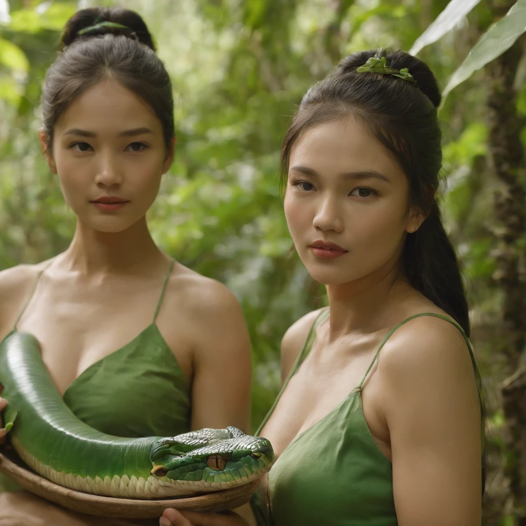 A Lenda da Cobra Branca, Twin sisters with the green snake, the upper body is a human being, The lower part of the body is a snake, The two are entangled in the stream, O som da floresta de bambu, A cachoeira ao longe, estilo antigo, Chinese style, cinematic sense, realismo, ..3d