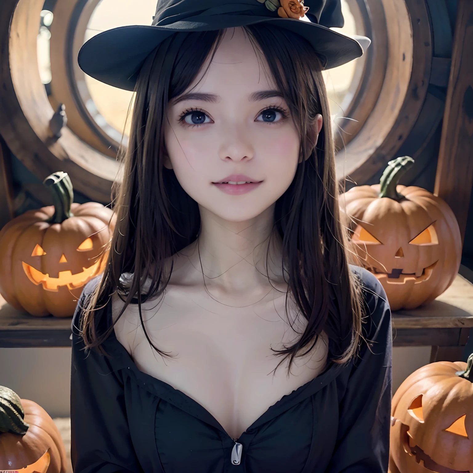 NSFW, 8k RAW photo, （（Halloween Style））top-quality, witch clothing、Witch's broom、Halloween Pumpkin、​masterpiece,kawaii faces、dual、 A smile、kawaii faces、超A high resolution, film grains, filmg, 1girl in, looking at the viewers, natural skin textures, realistic eyes and face details, Perfect tooth alignment、Perfect eyes and perfect mouth、 bangss, cparted lips, s lips,full body Esbian、The last minute valley
