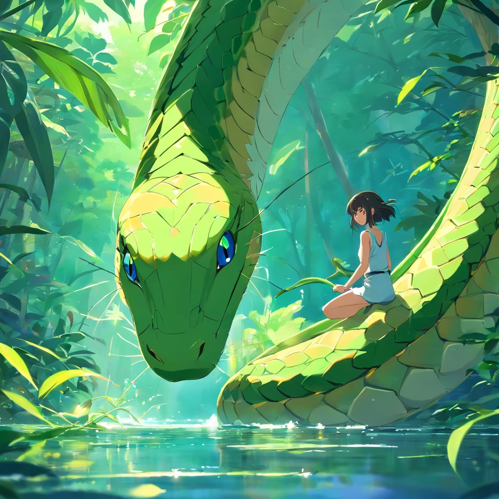 A Lenda da Cobra Branca, Twin sisters with the green snake, the upper body is a human being, The lower part of the body is a snake, The two are entangled in the stream, O som da floresta de bambu, A cachoeira ao longe, estilo antigo, Chinese style, cinematic sense, realismo, ..3d