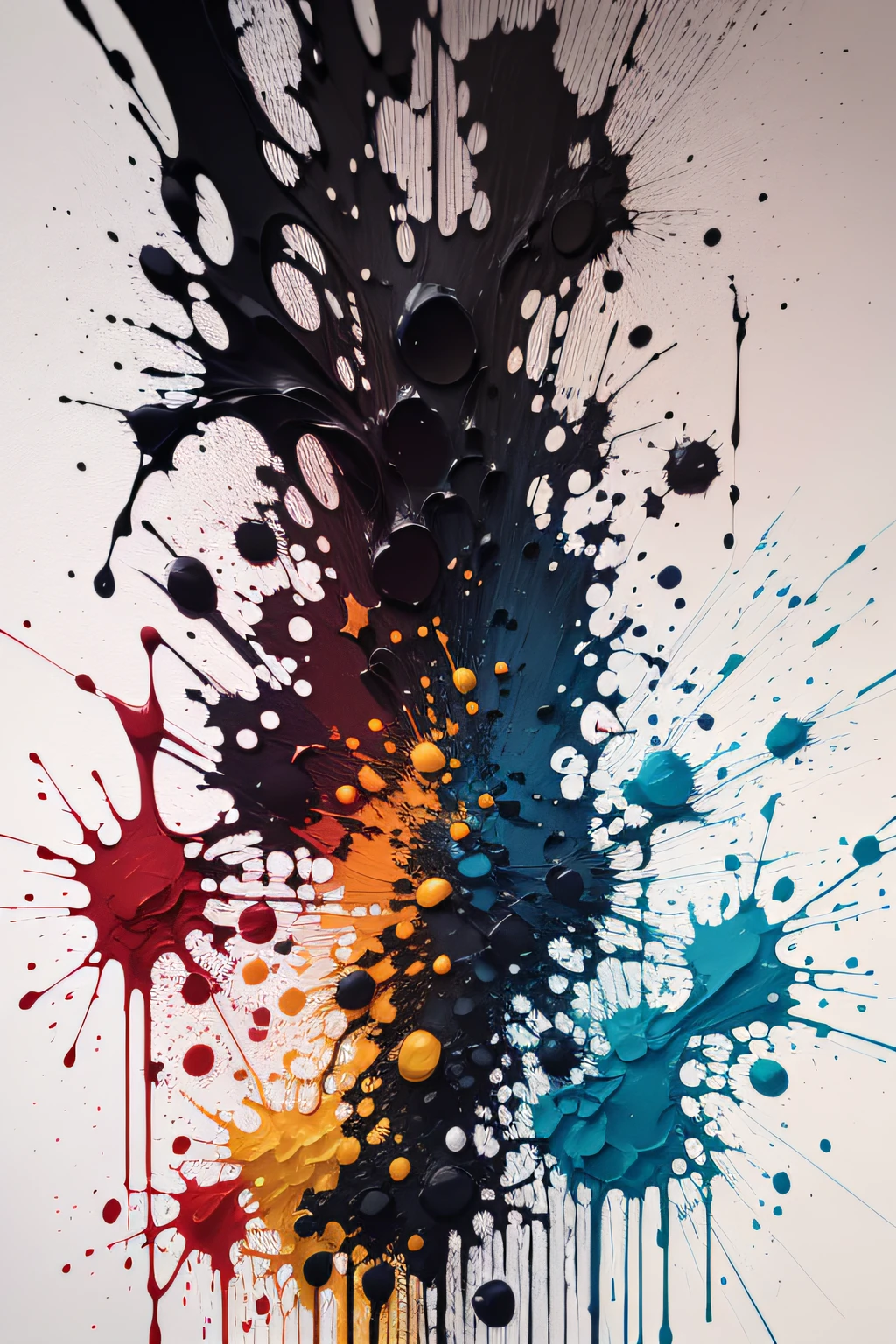 <lora:Dripping Art:1>Dripping Art - A high angle shot of an AI drip art piece, showing vibrant colors trickling down the canvas. The drips create a visually compelling pattern against a white background. The image is brightly lit to highlight the contrast of colors. The camera used is a DSLR with a standard lens, the shot level is high