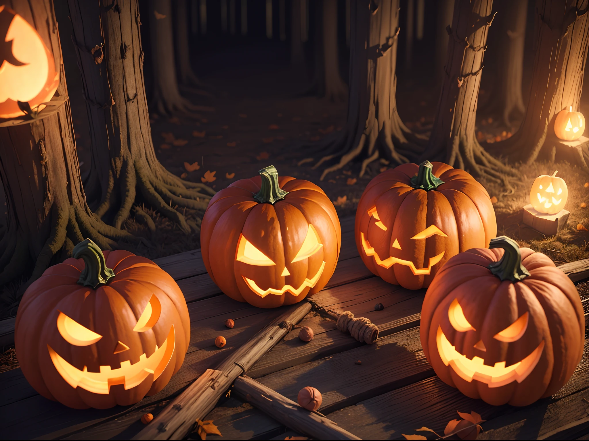 --AR 3:2 --q 2 --v 5.1 hyper realistic Halloween pumpkin in the middle of the spooky forest in 2 shades