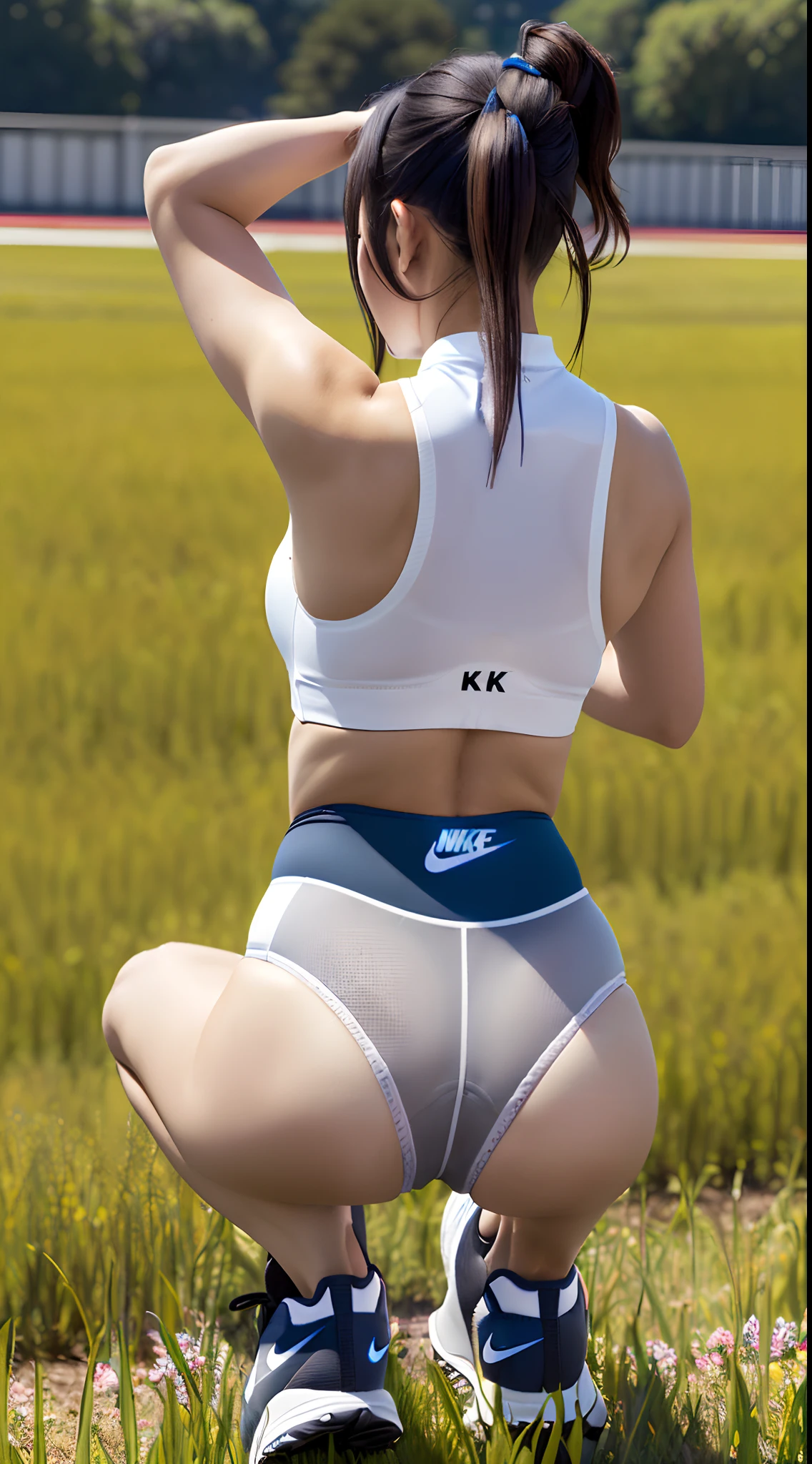 (8K, 超A high resolution, Best Quality, masutepiece:1.2),(18year old:1.2)、(Look away)、8K、RAW portrait of japanese girl、Photorealsitic、超A high resolution、top-quality、 (quite massive chest、big butts、Toned buttocks:1.3)(toru & Field Athlete、Racing Bloomers:1.35)、(High school grounds:1.2) BREAK (Natural Skin Texture、Detailed skin、Hyper-Realism、ultra sharpness)、intricate detailes、depth of fields、Show the armpits、(Long black hair ponytail、 Nike sneakers:1.2)(Backshots、Crouching start:1.3)