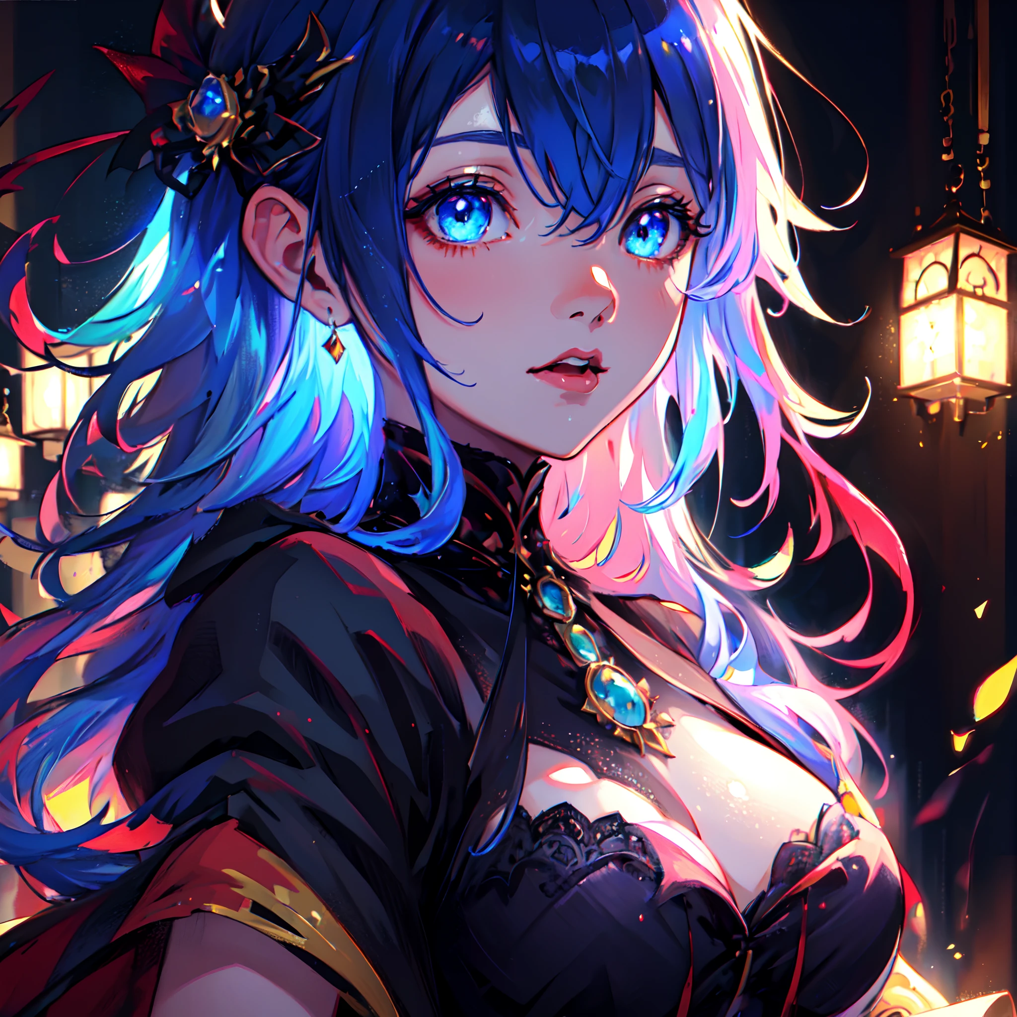 Ultra-detailed anime-style illustration of a beautiful vampire woman with iridescent eyes, Pale skin, Acuarela cabello azul profundo oscuro, tocado, Victorian gothic dress, destello de lente, profundidad de campo, Efecto Bokeh, retroiluminado, elegantee, elegante, impresionante, visualmente rico, Luces planas, colores planos, El sombreado, Arte de Best Anime Studios, por MSchiffer, 32k resolution, La mejor calidad, Ink lines, Focus on blue.