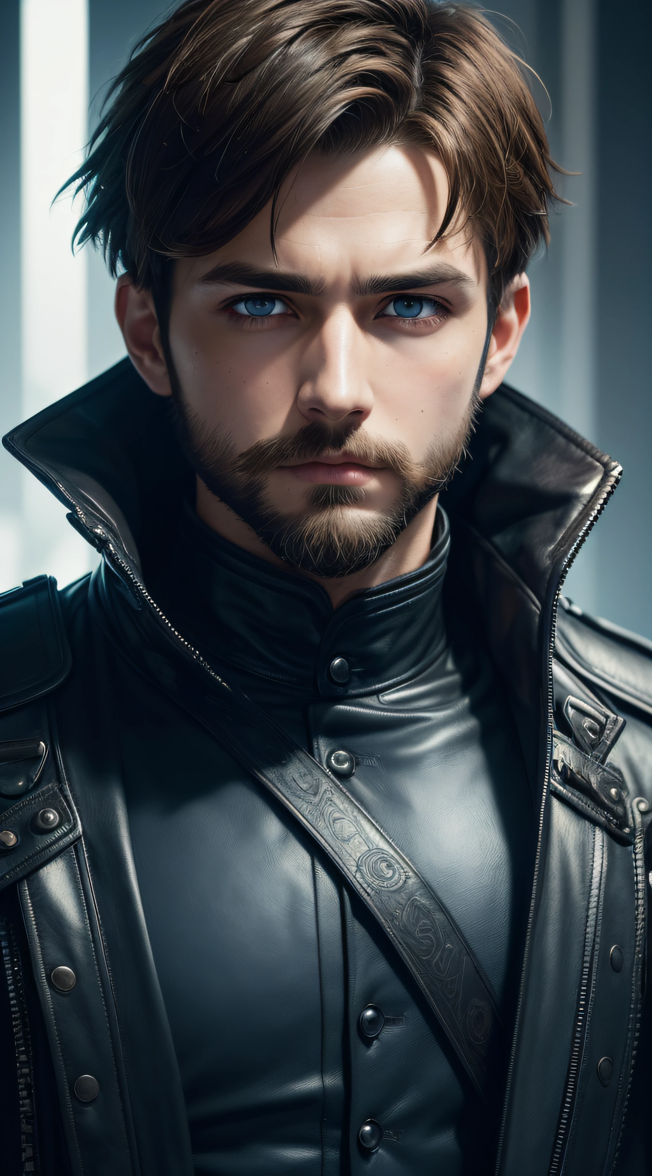 Unbeatable masterpiece, Ultra photo realsisim, Perfect artwork, Intricate details, Best quality, Strong light, High contrast, Cyberpunk, steampunk jacket(Masterpiece) , (Best quality) , (extremely detailed wallpaper CG unity 8k) , (best character detail:1.36), marshes, (delicated lines:1.24), (fantasy), (Cold light:1.2) , gothic jacket, black and blue combination coat, Color splattering , Colorful, colorful background, detailed eyes, cold eyes, sharp hunter eyes, detailed eyeshadows, blue eyes, Simple background, brown hair, 1boy, matured boy, (short beard:1.3)(short hair:1.6), high high quality