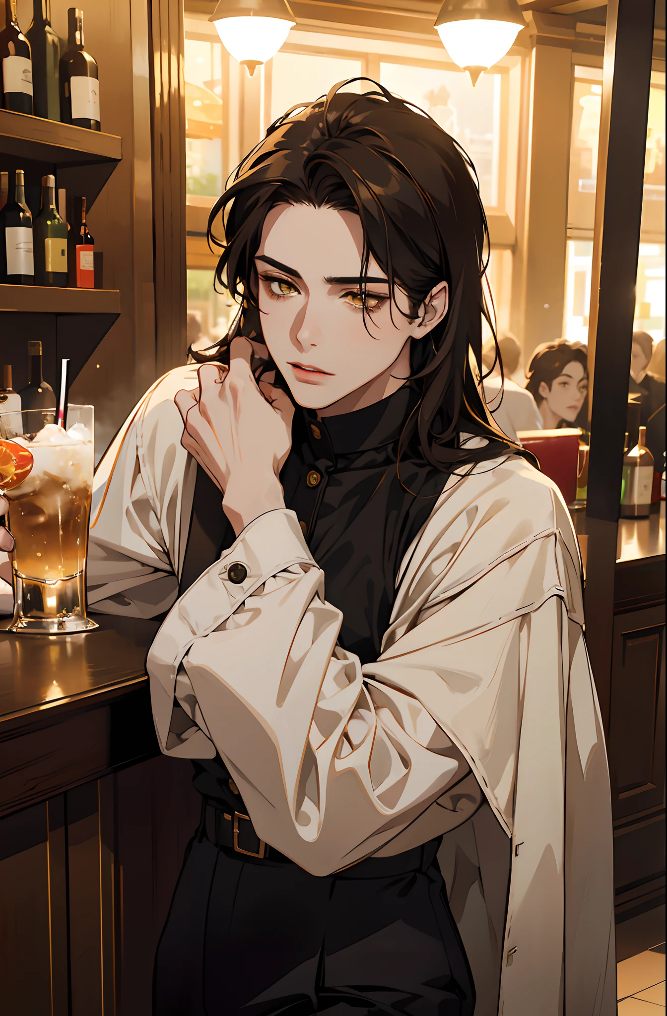 A clear and sharp focus, in a realistic portrait style with warm colors and soft lighting. (best quality, masterpiece: 1.2), 1 man, ager, sexy, with black hair, yellow eyes, red lips with pale skin tone and dark circles having a drink in a bar, with serious expression, dressed in autumn clothes, Detailed face and sharp focus, portrait style, realistic, photorealistic: 1.37, warm colors, soft lighting.