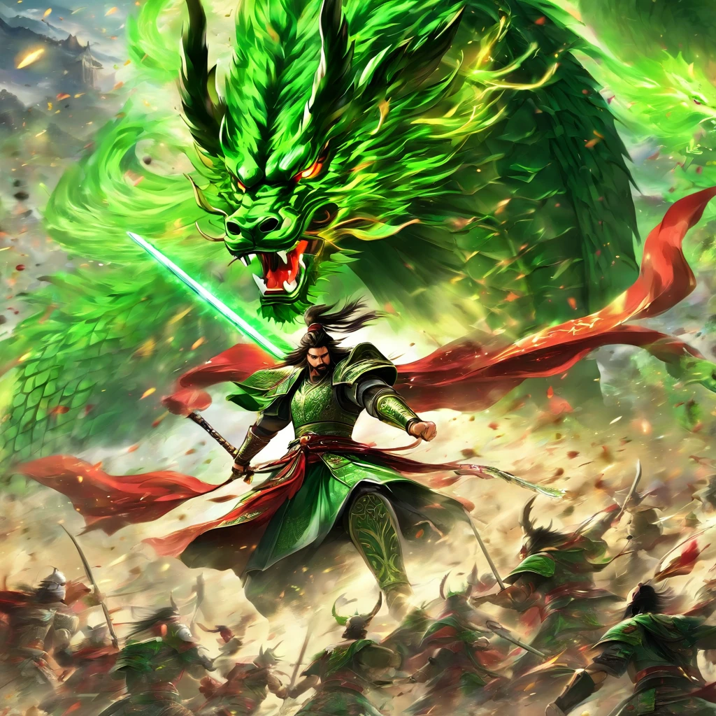 Dynasty warriors,Guan Yu rode a red horse through the field, Sultan Mohammed style, first person, Perspective,The huge green dragon knife slashed at the audience,Green Dragon Invitation Moon Saber, Knife with translucent fluorescent green dragon, Exaggerated perspective, amazing moment, Emerald and bronze,Fluorescent green, Heroes ,best qualtiy,tmasterpiece,Artistic effects,8K,rendering by octane