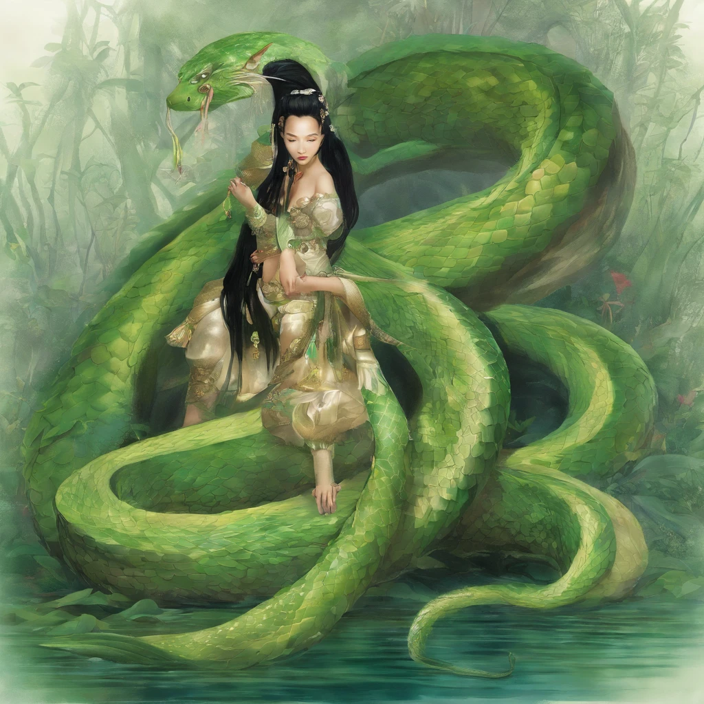 A Lenda da Cobra Branca, Twin sisters with the green snake, the upper body is a human being, The lower part of the body is a snake, The two are entangled in the stream, O som da floresta de bambu, A cachoeira ao longe, estilo antigo, Chinese style, cinematic sense, realismo, ..3d