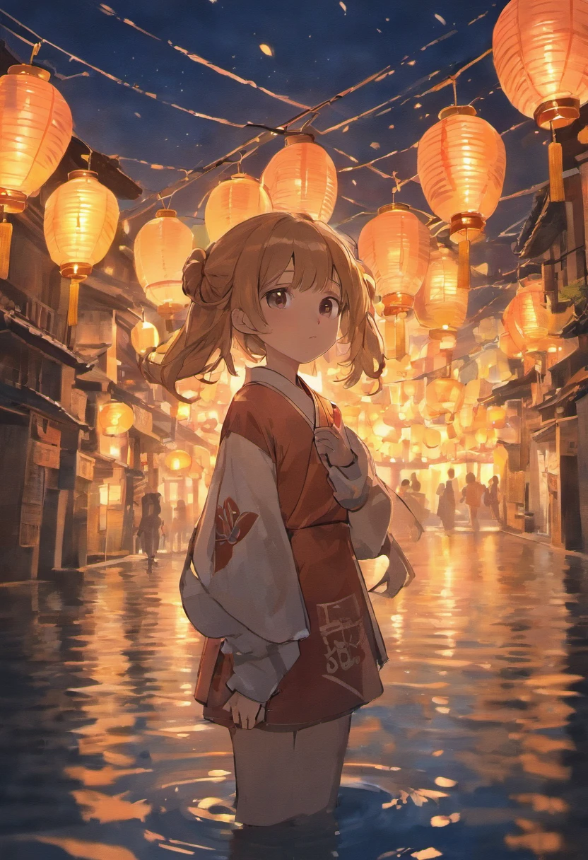 1 cute little girl put the lights by the river by the river，looking down on the camera，Many sky lanterns are lit on the water, Floating lights, cinematic light and reflections, Glowing lights! Intermediate metaverse elements，Golden section composition，Digital painting, glowing reflections, Pondering. By Makoto Shinkai, Floating sky lanterns, calm evening. Digital illustration, beautiful ambiance, Sky lights at night, serene evening atmosphere, Beautiful digital artwork, high detal.Digital painting, beautiful ambiance，8K，Wallpaper phone，traditional Chinese festivals