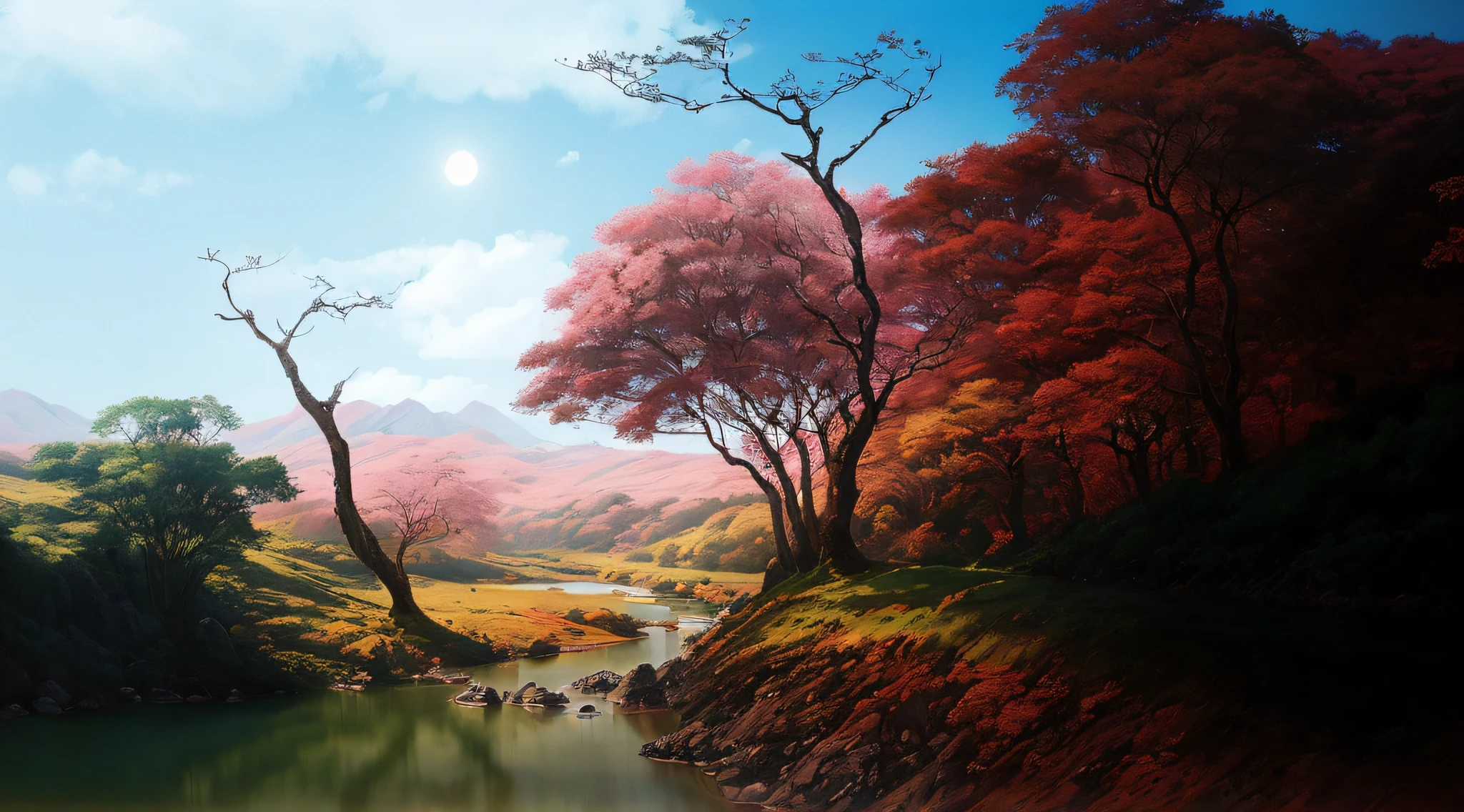 There is a painting of a river with trees in the background, paisagem de sonho, bela paisagem de sonho, made of tree and fantasy valley, peaceful landscape, ethereal landscape, magical landscape, Perdidos em uma paisagem de fadas sonhadoras, magical colours and atmosphere, em uma paisagem serena, em uma paisagem de sonho surreal, natureza anime, fantasy scenic, epic dreamlike fantasy landscape, Cores sonhadoras