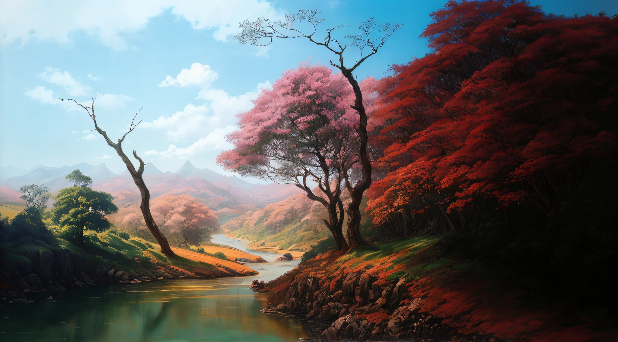 There is a painting of a river with trees in the background, paisagem de sonho, bela paisagem de sonho, made of tree and fantasy valley, peaceful landscape, ethereal landscape, magical landscape, Perdidos em uma paisagem de fadas sonhadoras, magical colours and atmosphere, em uma paisagem serena, em uma paisagem de sonho surreal, natureza anime, fantasy scenic, epic dreamlike fantasy landscape, Cores sonhadoras
