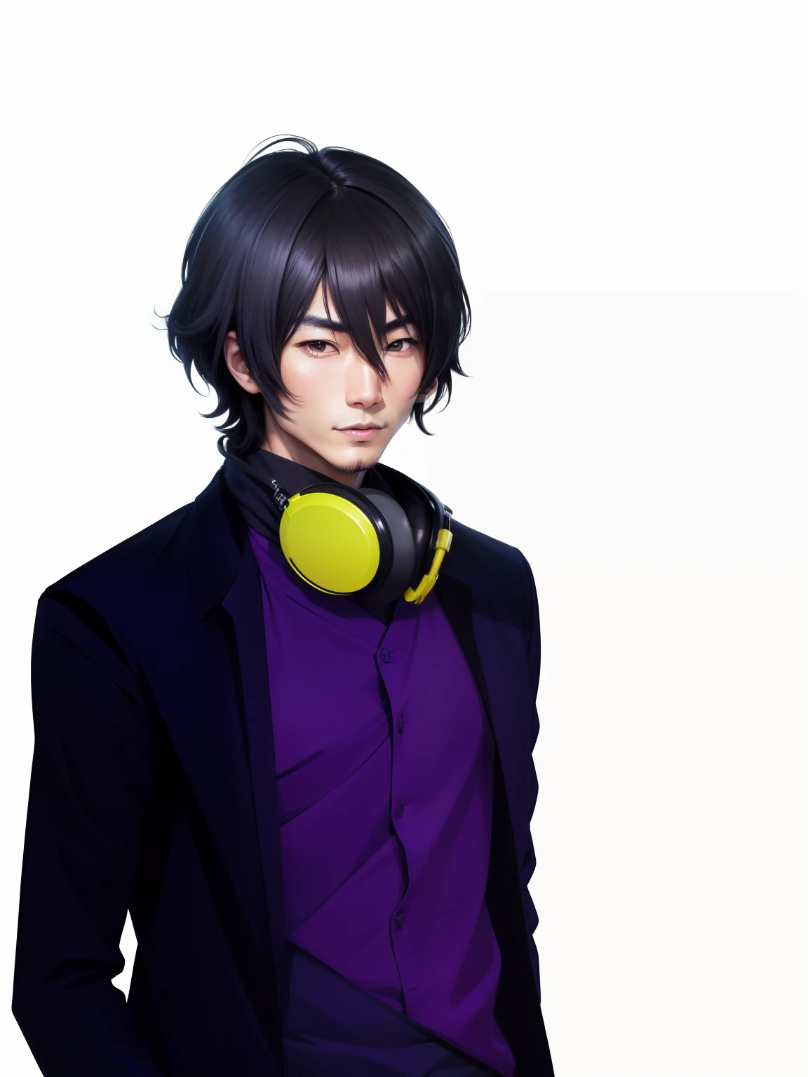 Takuma, homem, japanese, 26 anos, Japanese style black hair, oriental, rosto jovial, rosto de protagonista de Dorama, ele usa uma camiseta roxa sem estampas, um sobretudo azul escuro , fones de ouvido
