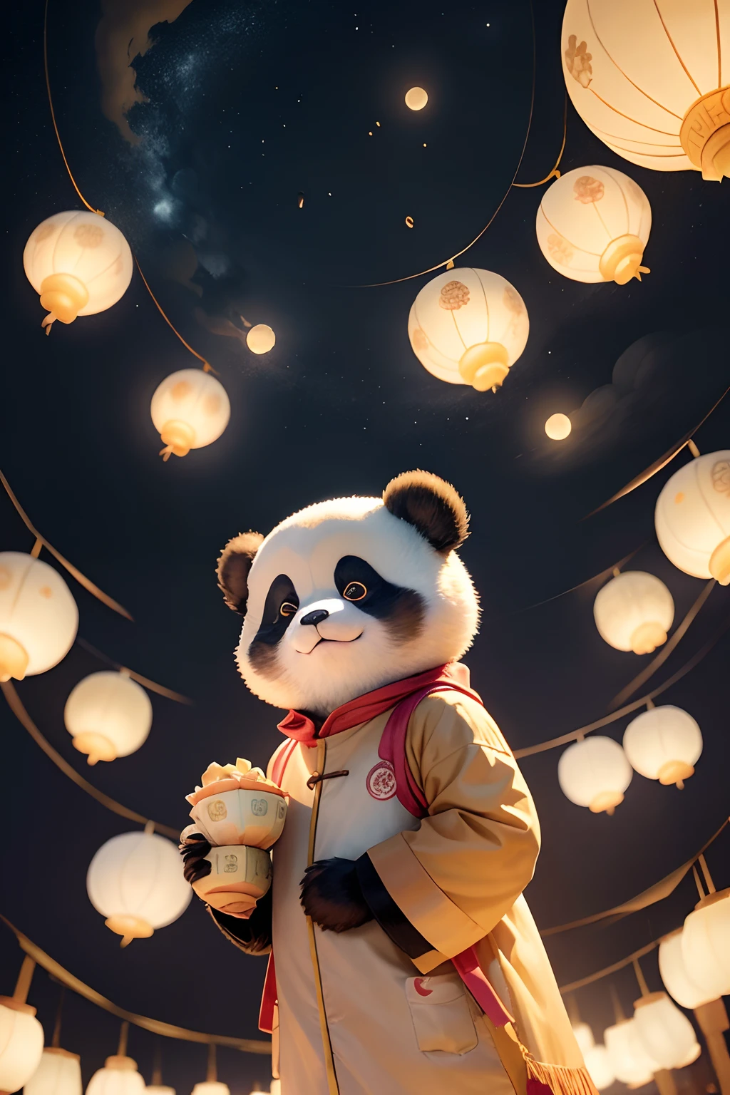 A cute panda holding mooncakes in his hand，Looking Up The Sky，There are several Kong Ming lanterns floating in the air，A full moon in the sky，The surrounding light is soft，having fun，As estrelas，warmth，dunhuang，the watercolor style，KIDS ILLUSTRATION，A cinematic scene，Best Picture Quality，A high resolution