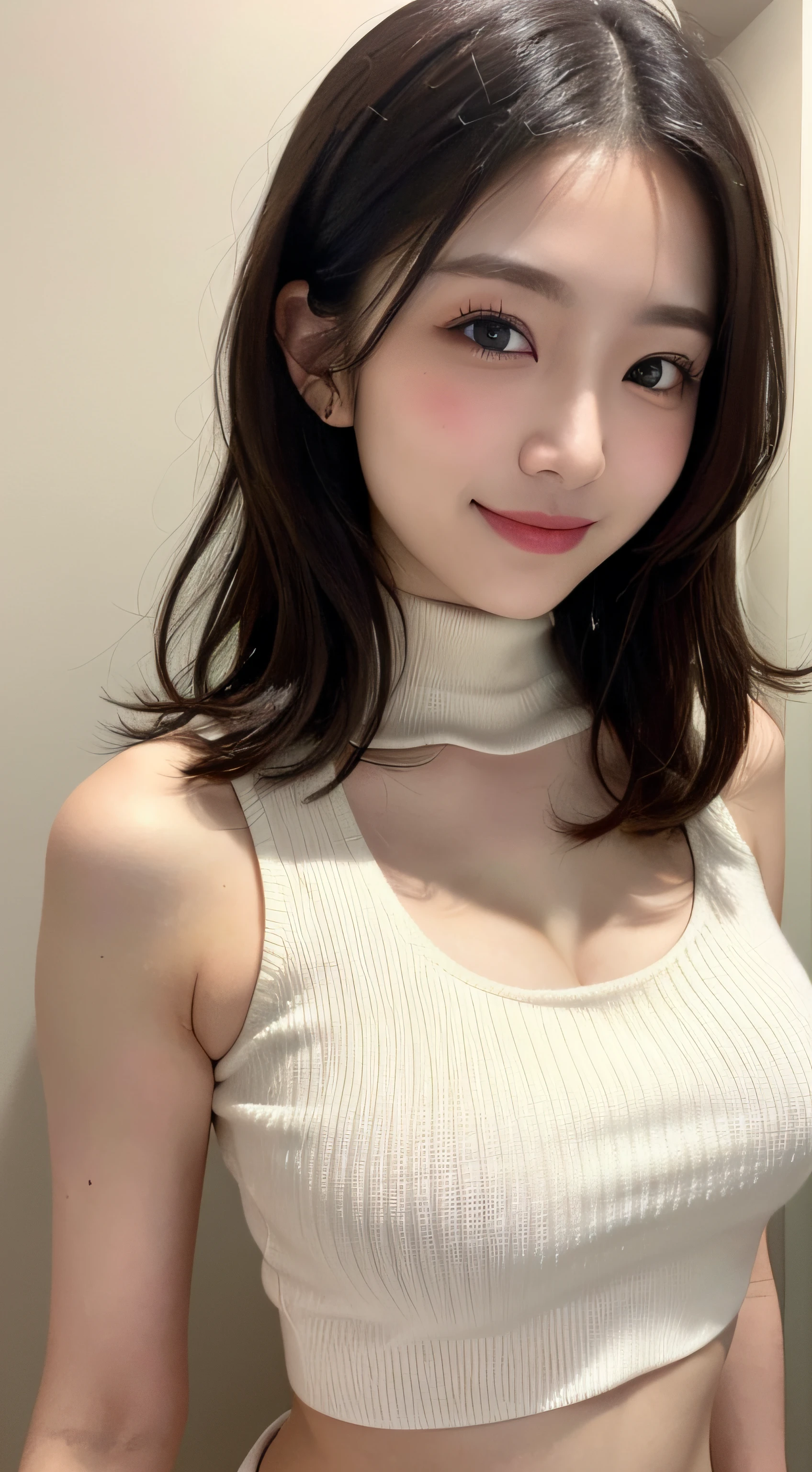 table top, best quality, realistic, in detail, highest resolution, 8k wallpapers, Complete dynamic configuration, beautiful and delicate eyes, medium hair, big bust, random and sexy poses,Put your heart together、(Tiny Mock Neck Crop Tank Top White Knitwear)、(breast swelling 1.2)、smile、open your mouth、resort scenery、23 years old、(droopy eyes 1.4)、The beauty of adults、Japanese