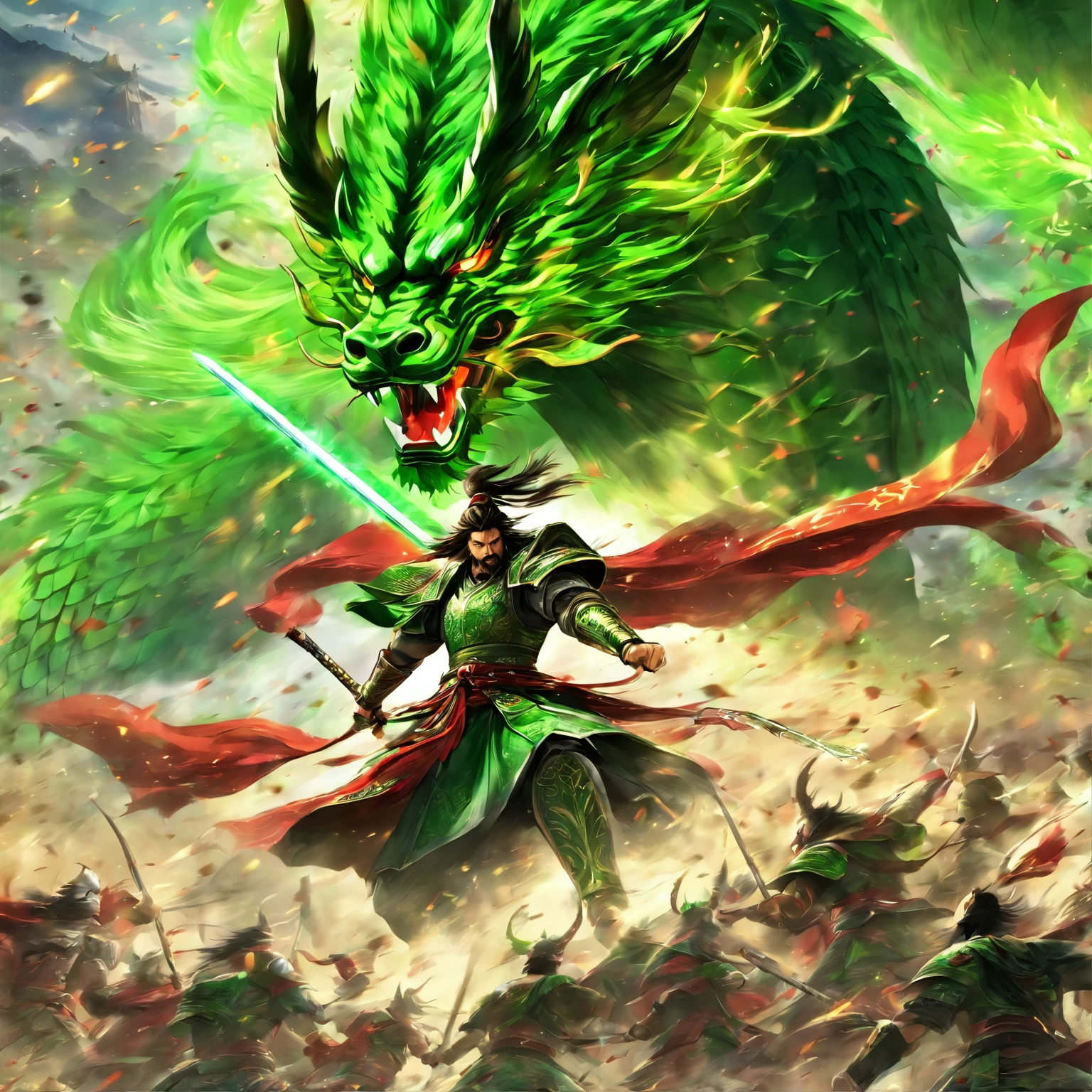 Dynasty warriors,Guan Yu rode a red horse through the field, Sultan Mohammed style, first person, Perspective,The huge green dragon knife slashed at the audience,Green Dragon Invitation Moon Saber， Knife with translucent fluorescent green dragon, Exaggerated perspective, amazing moment, Emerald and bronze,Fluorescent green, Heroes ，best qualtiy，tmasterpiece，Artistic effects，8K，rendering by octane