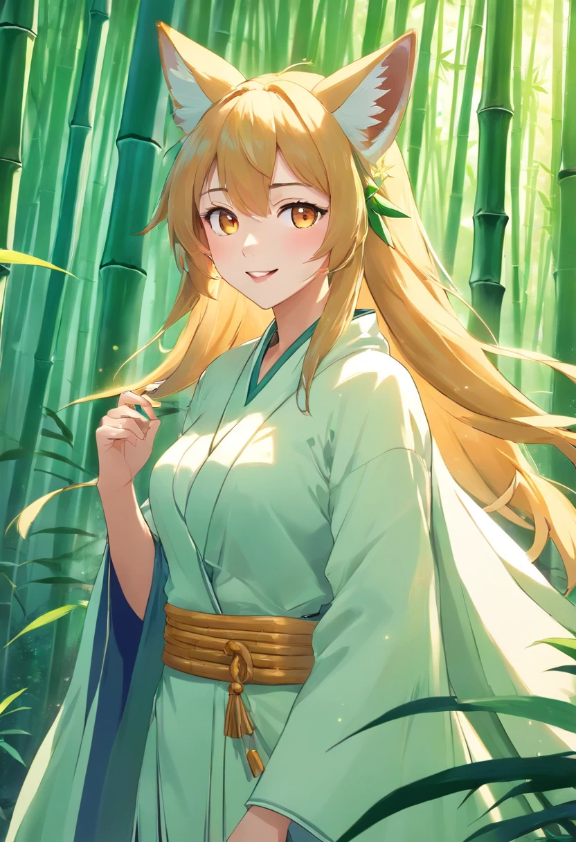 Large bamboo forest background, Beautiful Chinese wind fox fairy, Nine fox tails, Beautiful face, Glowing eyes, White Chinese traditional costume, White cape, Fox ears, half close-up, Look at the camera, Side shot, With an excited smile, style of surrealism, Very detailed, 8K resolution, rendering by octane,