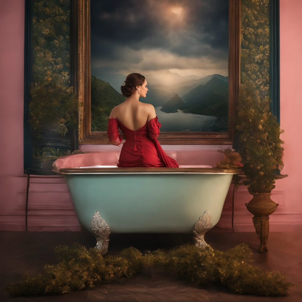 (masterpiece, top quality, best quality, official art, beautiful and aesthetic:1.2), (1girl), extreme detailed,(fractal art:1.3),full body view DSLR, F/2.8, Lens Flare, 5D, 16k, Super-Resolution . realistic style, key visual, vibrant, studio realistic, highly detailed A surprised whimsical girl sharp look, wide eyes, very dark lips, flora, bubbles, soap, in red towel standing in a vintage bathroom, perfect anatomy, highly detailed, graphic 3d model, render, comic art, graphic novel art, vibrant, detailed character design