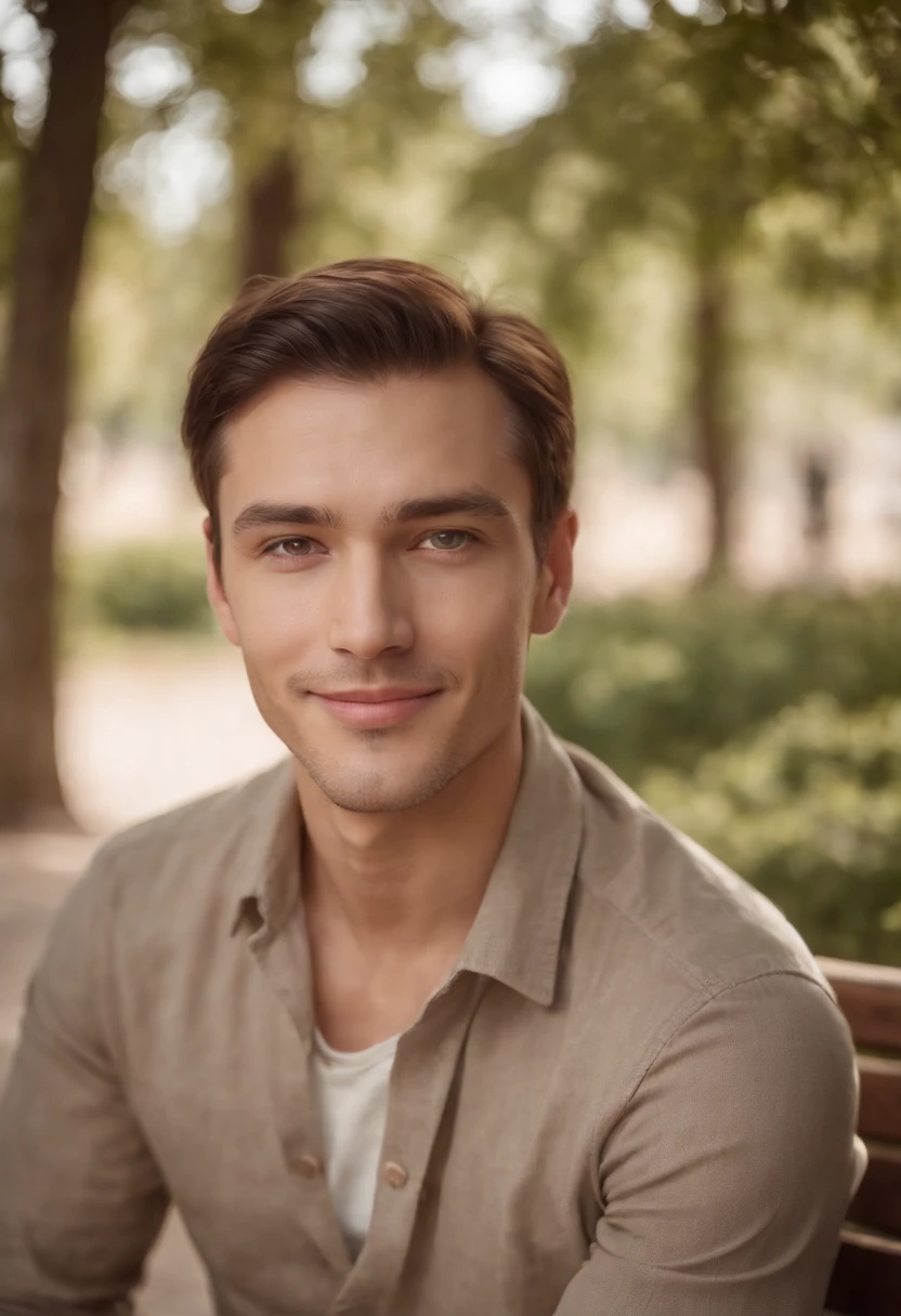A handsome man sitting on a park bench, smiling with expressive eyes and a charming smile. The photograph has a grainy and realistic style reminiscent of the 60s. The image quality is at its best with high resolution, capturing all the fine details and textures. The park bench is depicted with accurate and intricate details, adding depth and authenticity to the scene. The lighting is softly illuminating the man, casting gentle shadows and highlighting the natural beauty of the environment. The overall color tone is warm and nostalgic, with a vintage feel that enhances the timeless quality of the image.