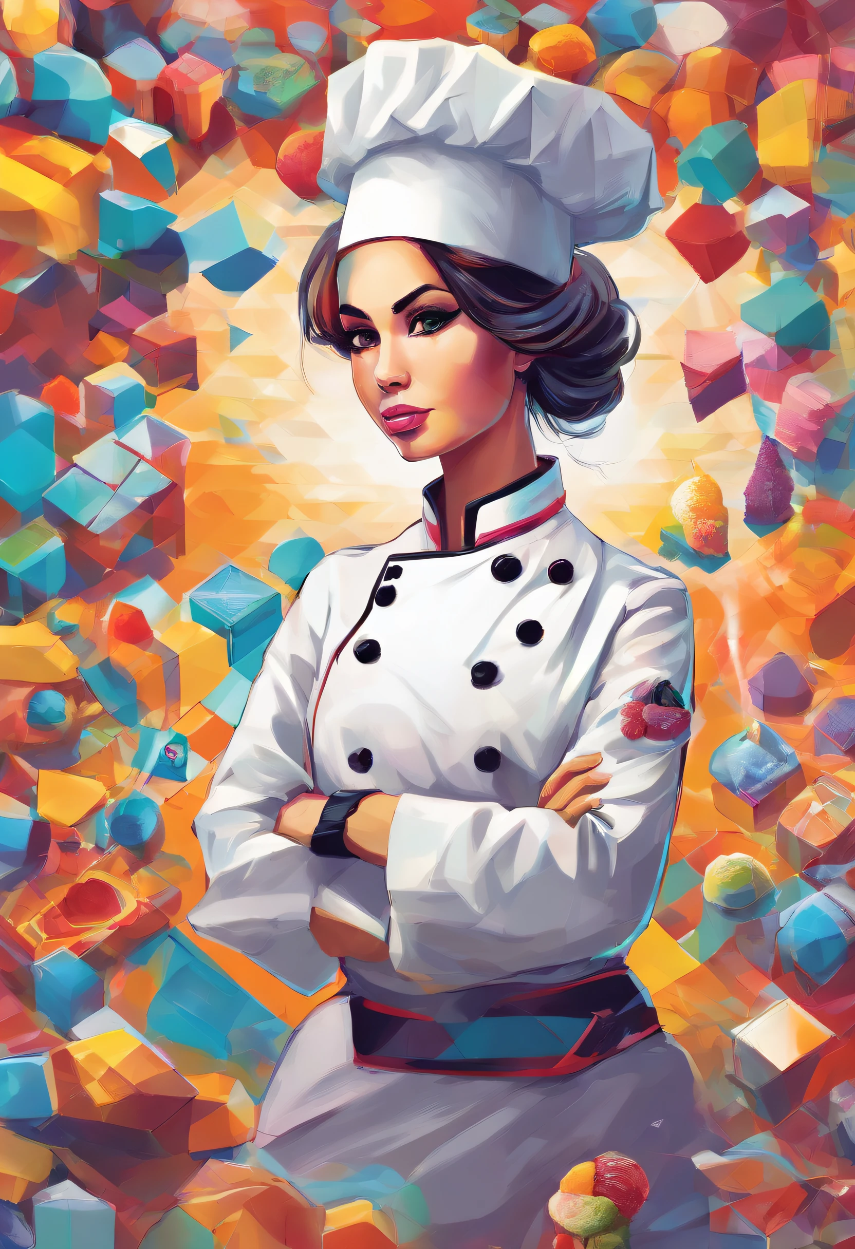 (woman pastry chef), (best pose), (best angle),(better expression), Eduardo Kobra acolchoamento ,multidimensional geometric wall PORTRAIT, arte, Chibi,Yang08k, lindo, Colouring,