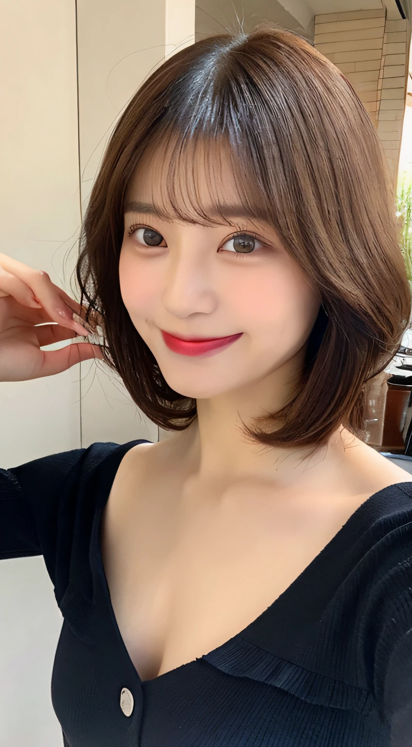 top-quality、8K、Beautiful Korean Woman、年轻、full body Esbian、iced coffee、cafes、Light makeup、long、A smile、((Layered Haircut、breastsout:1.2)、Black short sleeves