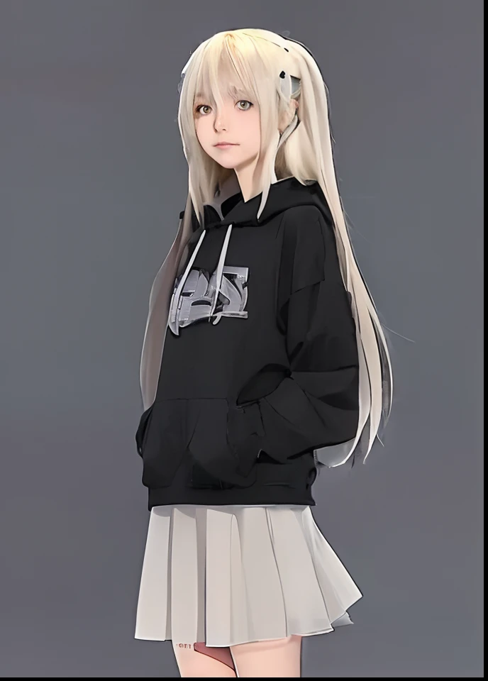 a close up of a person wearing a black hoodie and a skirt, anime visual of a cute girl, anime girl with long hair, blonde anime girl with long hair, clean detailed anime style, flat anime style shading, girls frontline style, (anime girl), in anime style, in an anime style, anime best girl, high quality anime artstyle, ecchi anime style