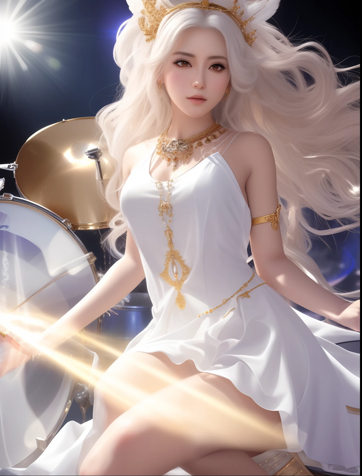 arafed woman in a white dress and gold jewelry sitting on a drum, white haired deity, ! dream artgerm, extremely detailed artgerm, goddess of light, trending on cgstation, style of artgerm, ig model | artgerm, artgerm. anime illustration, anime goddess, with long white hair, a beautiful fantasy empress