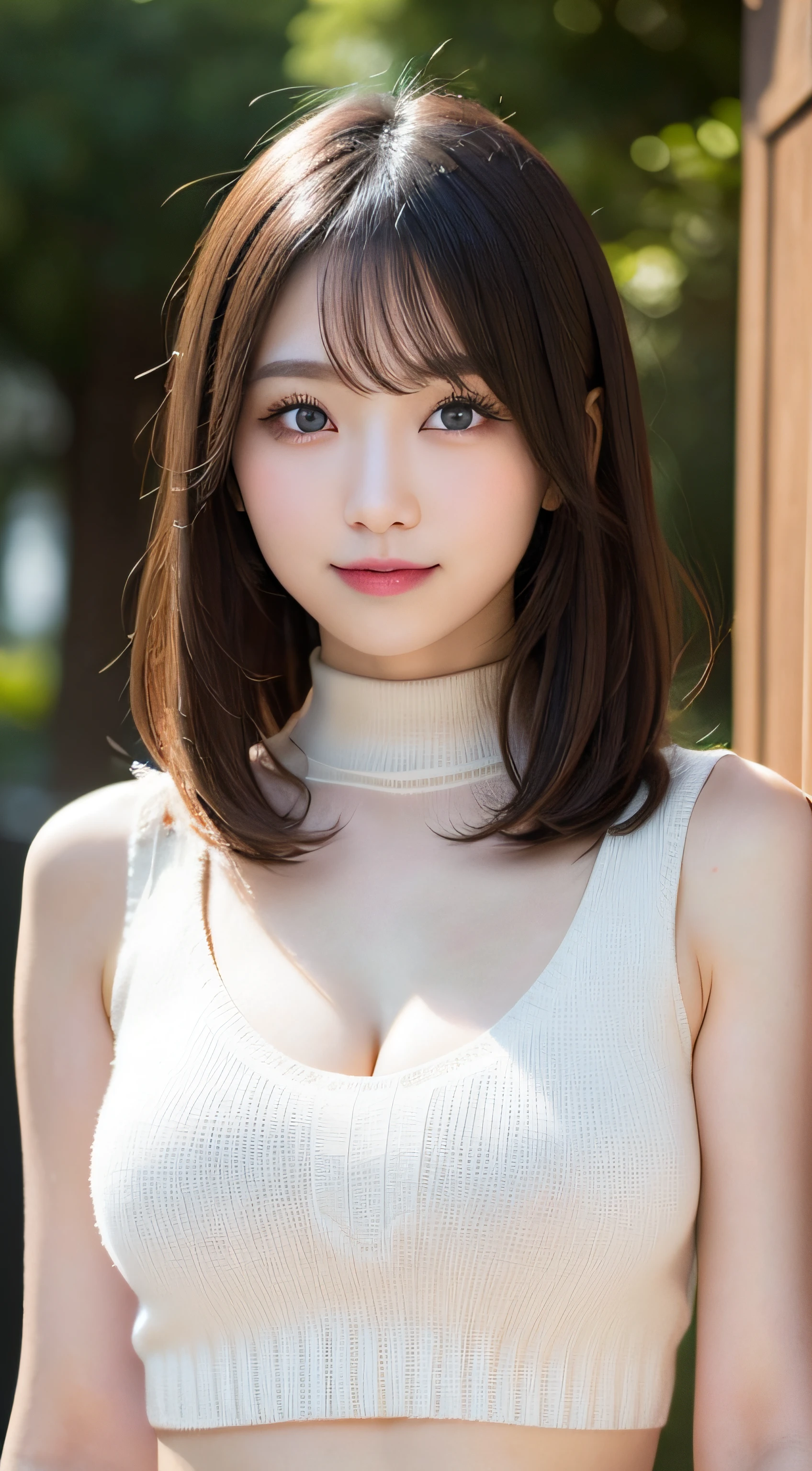 masutepiece, Best Quality, Photorealsitic, finely detail, hight resolution, 8K Wallpapers, Perfect dynamic composition, Beautiful detailed eyes, Medium Hair, large full breasts, Random and sexy poses,Bring your chest together、(Mock neck crop tank top white knitwear with clear cleavage)、(Breast bulge 1.2)、A smile、open open mouth、Resort scenery、23years old、(Drooping eyes 1.4)、Adult beauty、japanes
