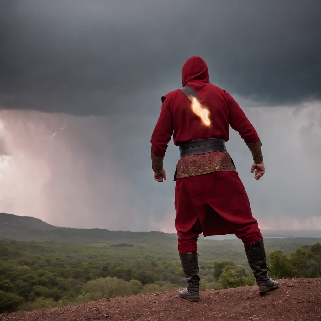 "An epic masterpiece with the best quality, Introducing a film still of a young man on the rampage. O close-up captura sua raiva intensa enquanto ele canaliza o poder do raio. Imagine um ninja prateado vestindo roupas cinzas, com cabelos castanhos, costeletas selvagens e olhos castanhos penetrantes. An aura of red lightning surrounds him, illuminated by dramatic and harsh lighting. Clouds of thunder appear in the background, Aumentando a atmosfera eletrizante. Enhance the scene with sparks (peso: 0.9)."