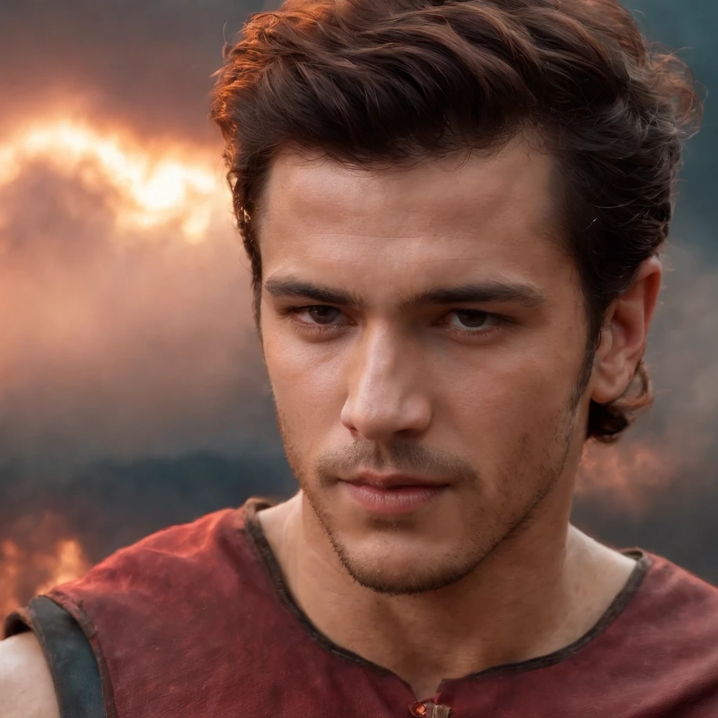 "An epic masterpiece with the best quality, Introducing a film still of a young man on the rampage. O close-up captura sua raiva intensa enquanto ele canaliza o poder do raio. Imagine um ninja prateado vestindo roupas cinzas, com cabelos castanhos, costeletas selvagens e olhos castanhos penetrantes. An aura of red lightning surrounds him, illuminated by dramatic and harsh lighting. Clouds of thunder appear in the background, Aumentando a atmosfera eletrizante. Enhance the scene with sparks (peso: 0.9)."