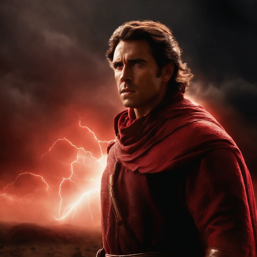 "An epic masterpiece with the best quality, Introducing a film still of a young man on the rampage. O close-up captura sua raiva intensa enquanto ele canaliza o poder do raio. Imagine um ninja prateado vestindo roupas cinzas, com cabelos castanhos, costeletas selvagens e olhos castanhos penetrantes. An aura of red lightning surrounds him, illuminated by dramatic and harsh lighting. Clouds of thunder appear in the background, Aumentando a atmosfera eletrizante. Enhance the scene with sparks (peso: 0.9)."
