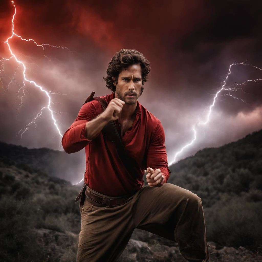 "An epic masterpiece with the best quality, Introducing a film still of a young man on the rampage. O close-up captura sua raiva intensa enquanto ele canaliza o poder do raio. Imagine um ninja prateado vestindo roupas cinzas, com cabelos castanhos, costeletas selvagens e olhos castanhos penetrantes. An aura of red lightning surrounds him, illuminated by dramatic and harsh lighting. Clouds of thunder appear in the background, Aumentando a atmosfera eletrizante. Enhance the scene with sparks (peso: 0.9)."