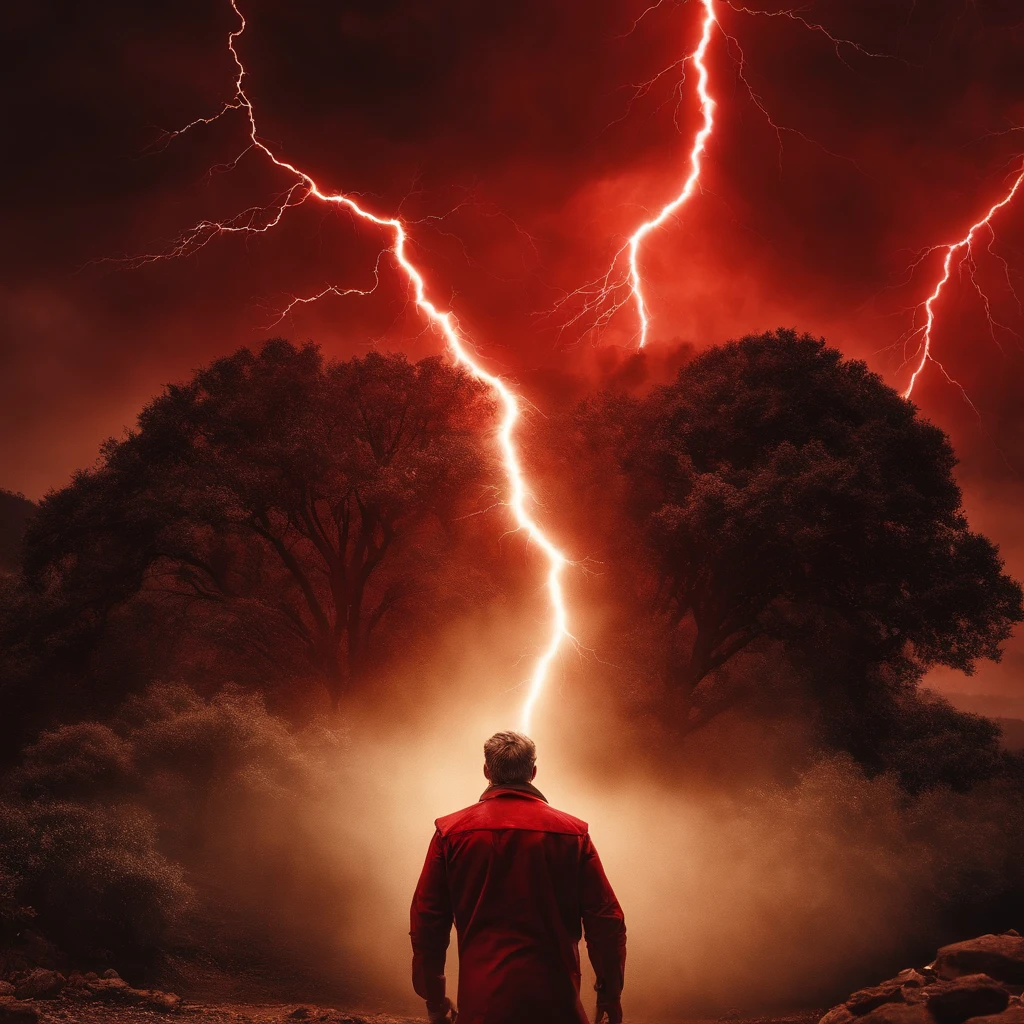 "An epic masterpiece with the best quality, Introducing a film still of a young man on the rampage. O close-up captura sua raiva intensa enquanto ele canaliza o poder do raio. Imagine um ninja prateado vestindo roupas cinzas, com cabelos castanhos, costeletas selvagens e olhos castanhos penetrantes. An aura of red lightning surrounds him, illuminated by dramatic and harsh lighting. Clouds of thunder appear in the background, Aumentando a atmosfera eletrizante. Enhance the scene with sparks (peso: 0.9)."